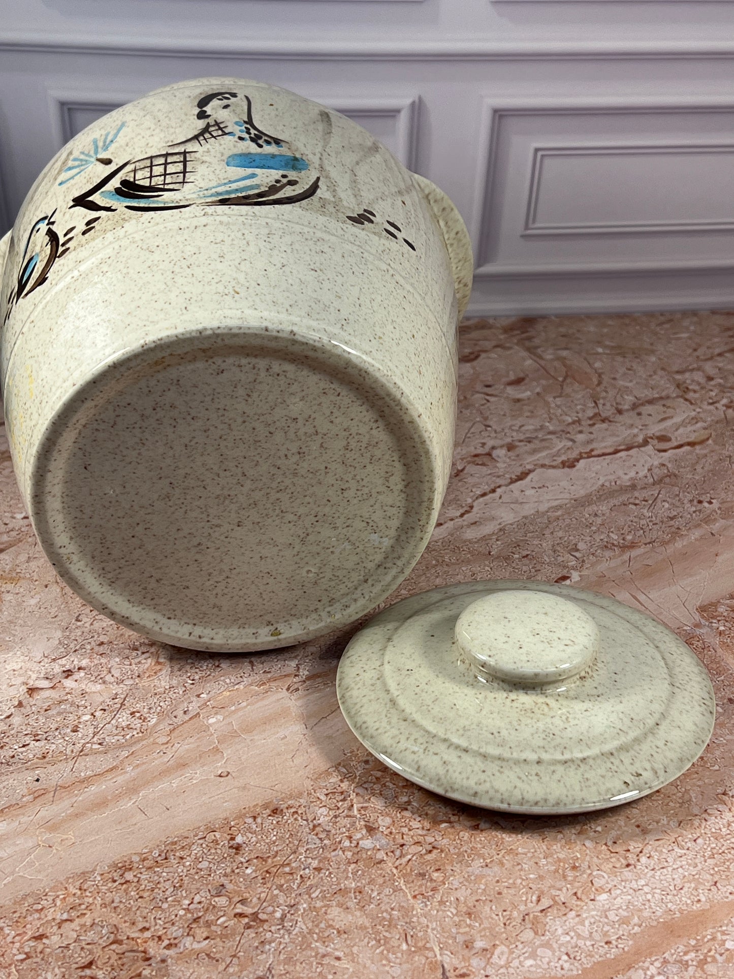 Vintage Speckled Stoneware Cookie Jar with Folk Art Bird Motif photo 10