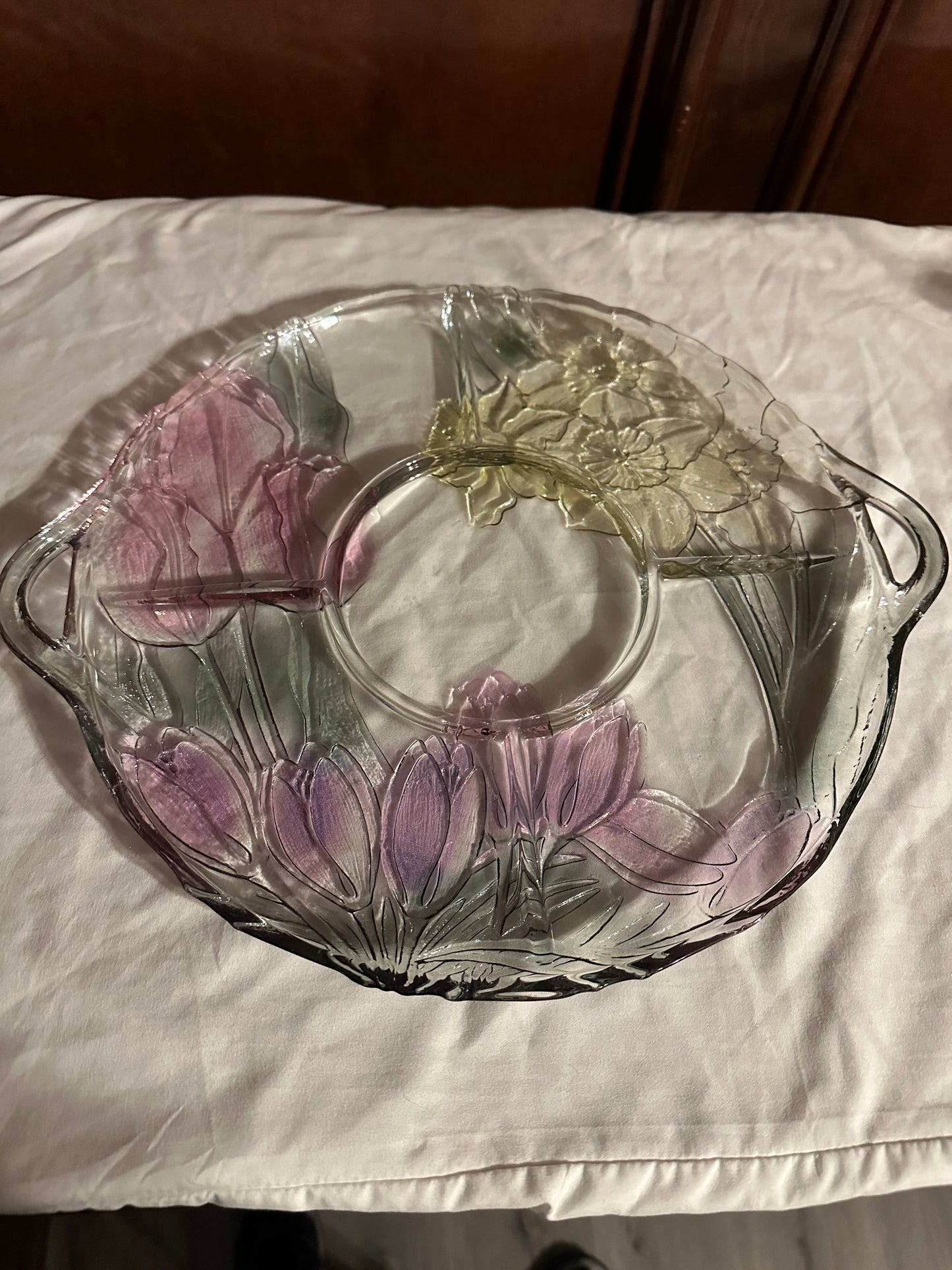 Clear Glass Floral Divided Relish Serving Tray with Handles photo 3