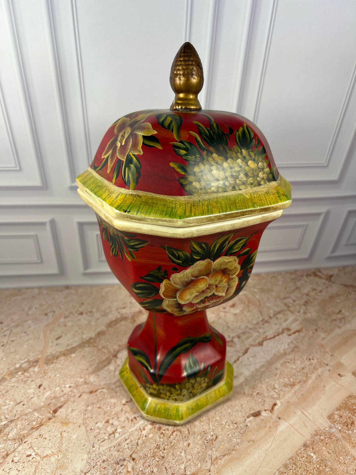 Decorative Red Floral Lidded Urn Jar with Finial, 15 in photo 2