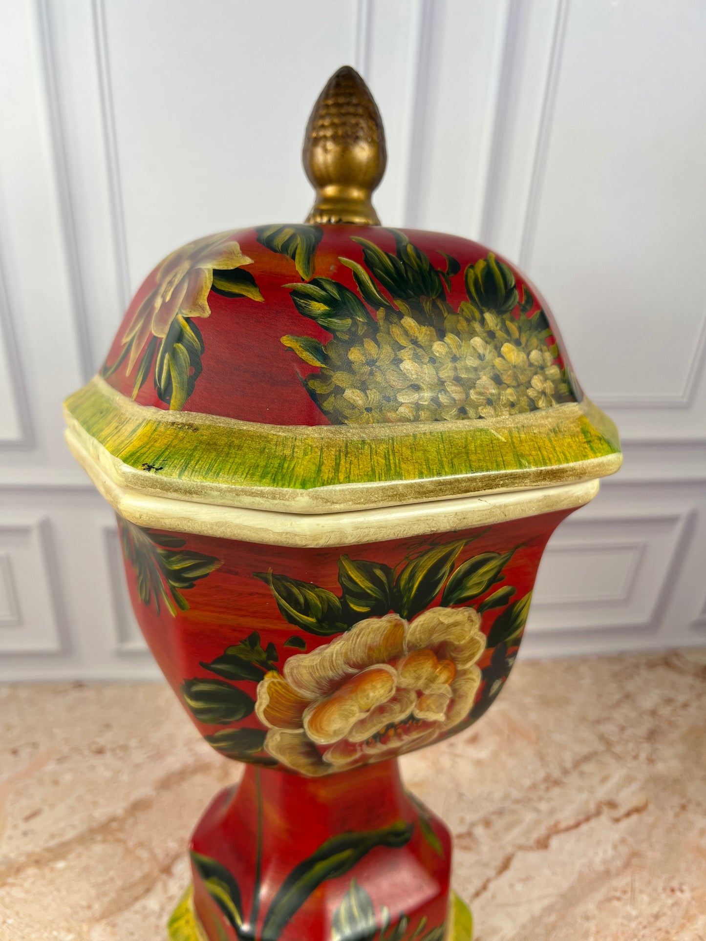 Decorative Red Floral Lidded Urn Jar with Finial, 15 in photo 3