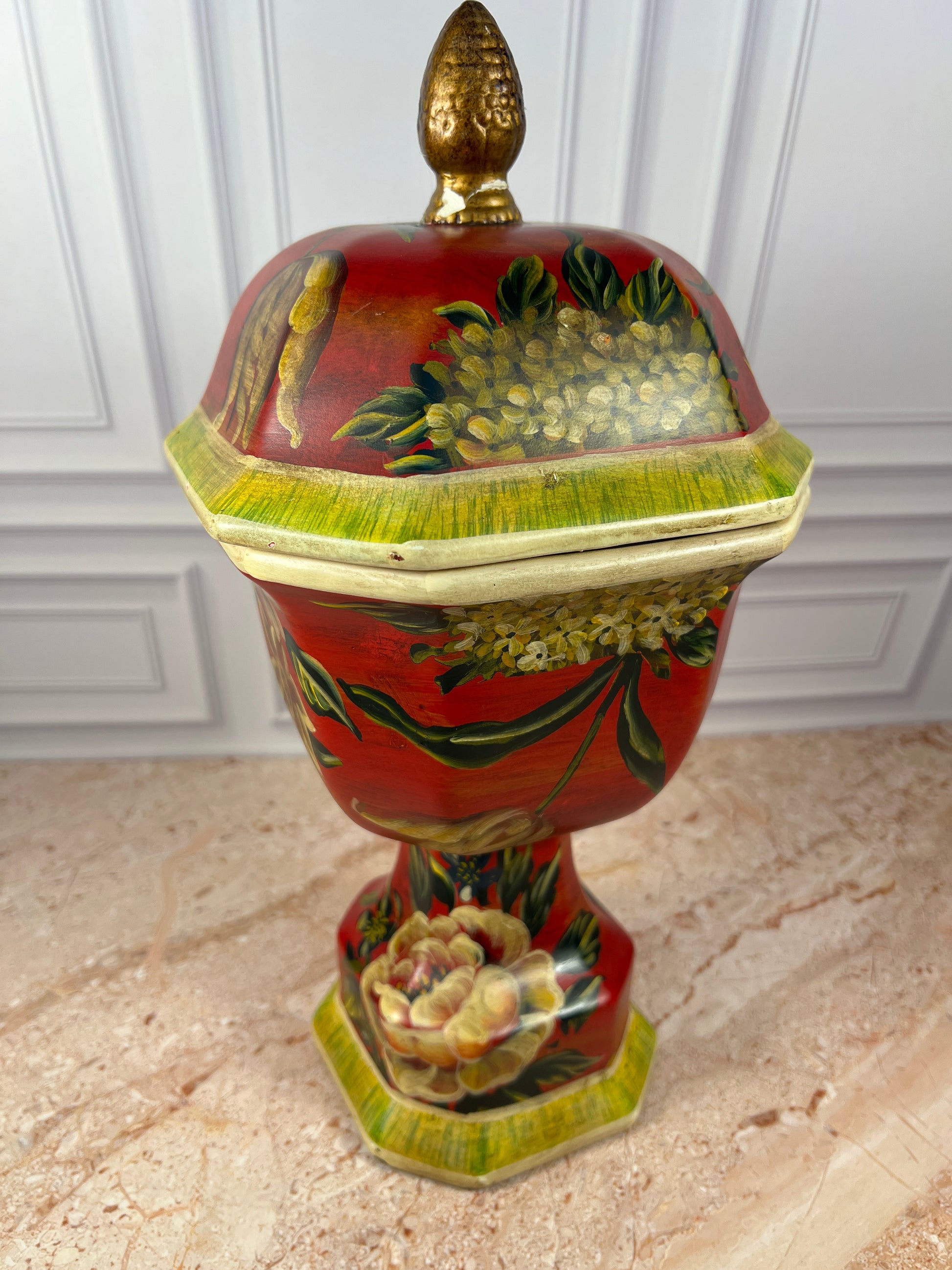 Decorative Red Floral Lidded Urn Jar with Finial, 15 in photo 5