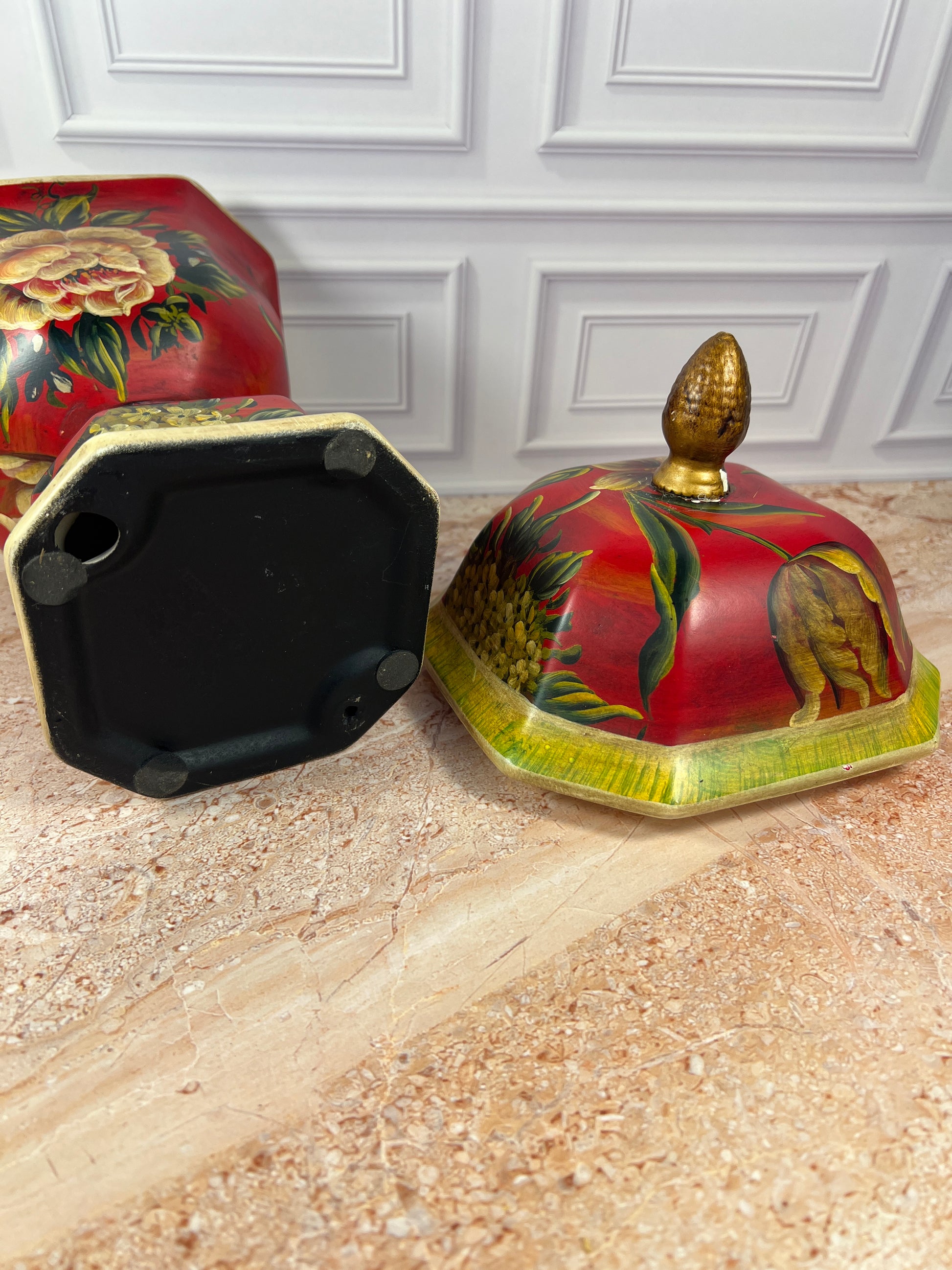 Decorative Red Floral Lidded Urn Jar with Finial, 15 in photo 1