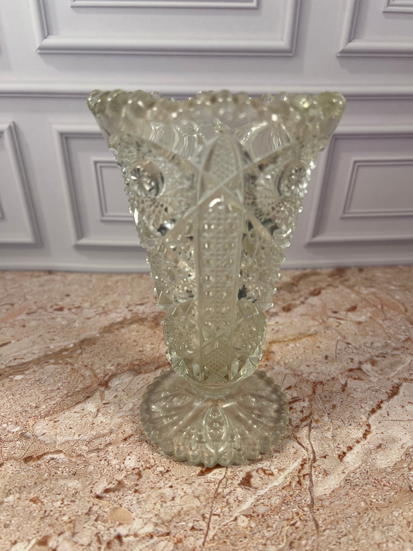 Vintage Imperial Glass Daisy & Button Ruffled Footed Vase, Clear, 6.25 in photo 1