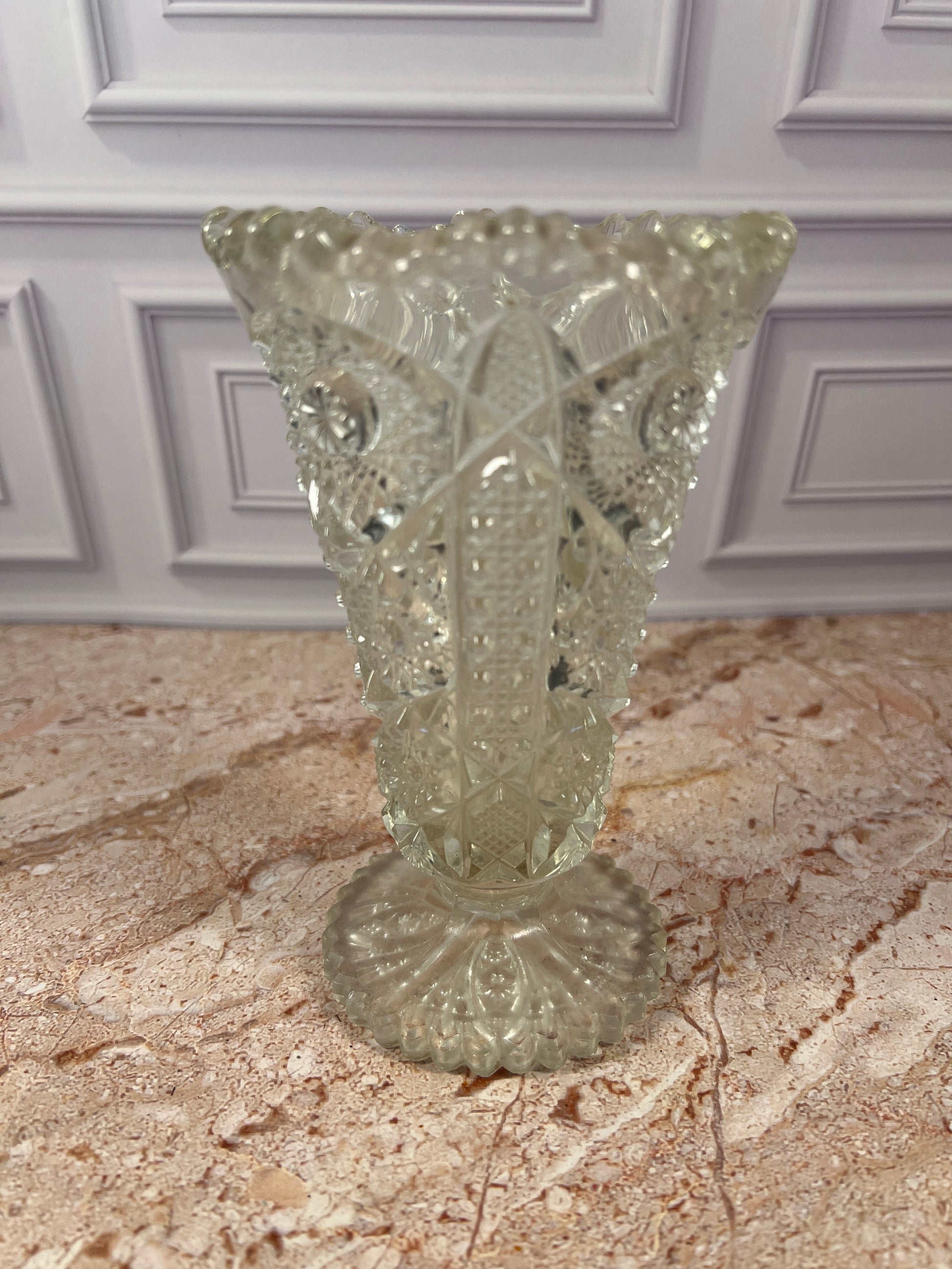 Vintage Imperial Glass Daisy & Button Ruffled Footed Vase, Clear, 6.25 in photo 1