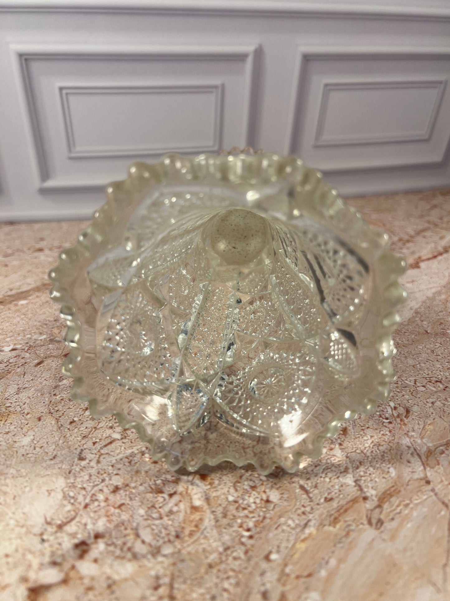 Vintage Imperial Glass Daisy & Button Ruffled Footed Vase, Clear, 6.25 in photo 7