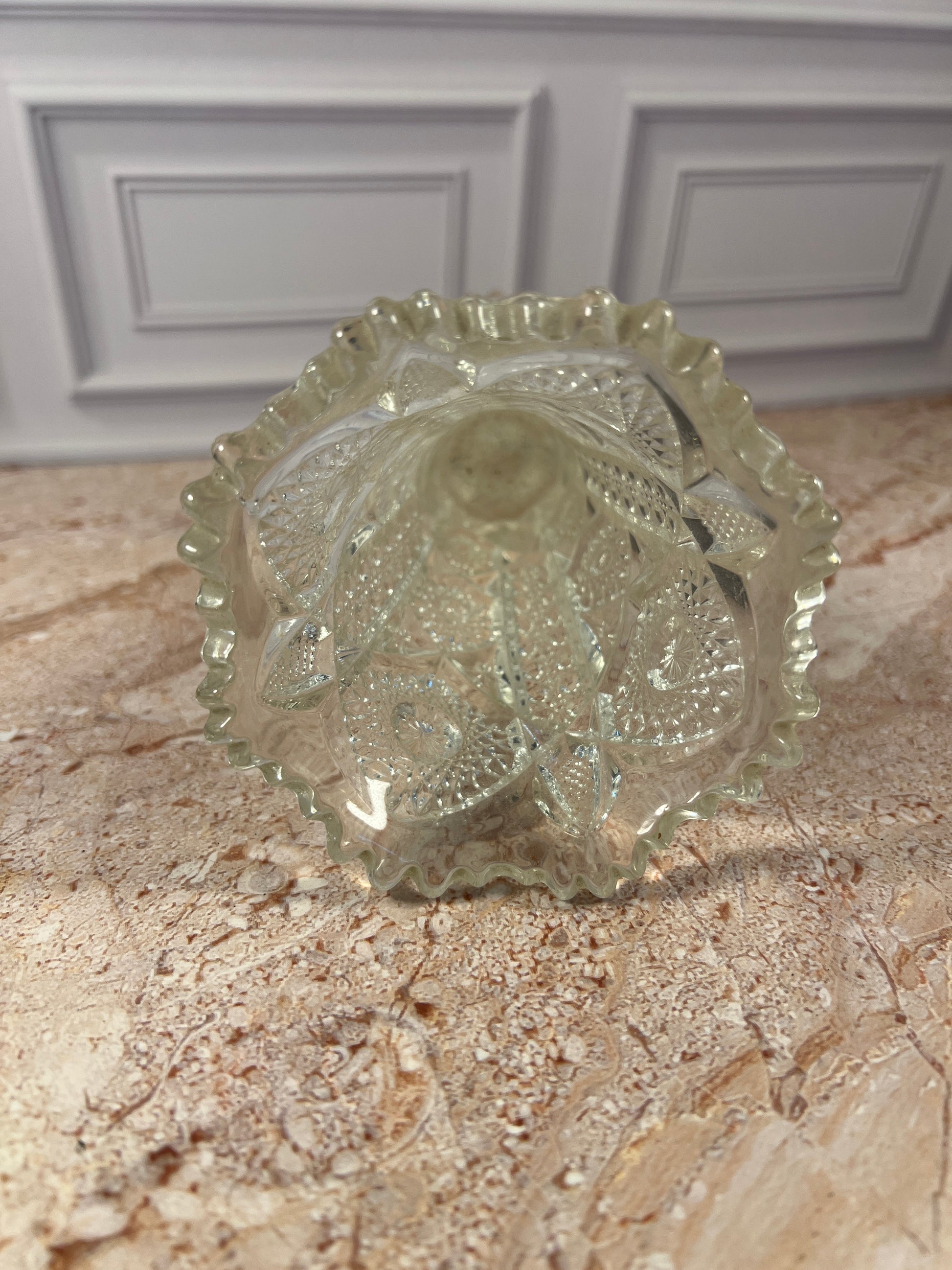 Vintage Imperial Glass Daisy & Button Ruffled Footed Vase, Clear, 6.25 in photo 6