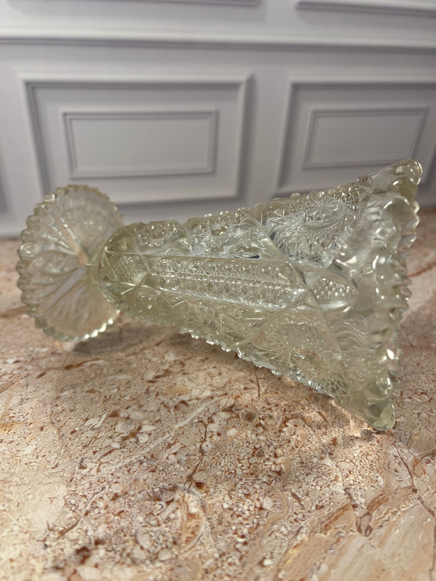 Vintage Imperial Glass Daisy & Button Ruffled Footed Vase, Clear, 6.25 in photo 4