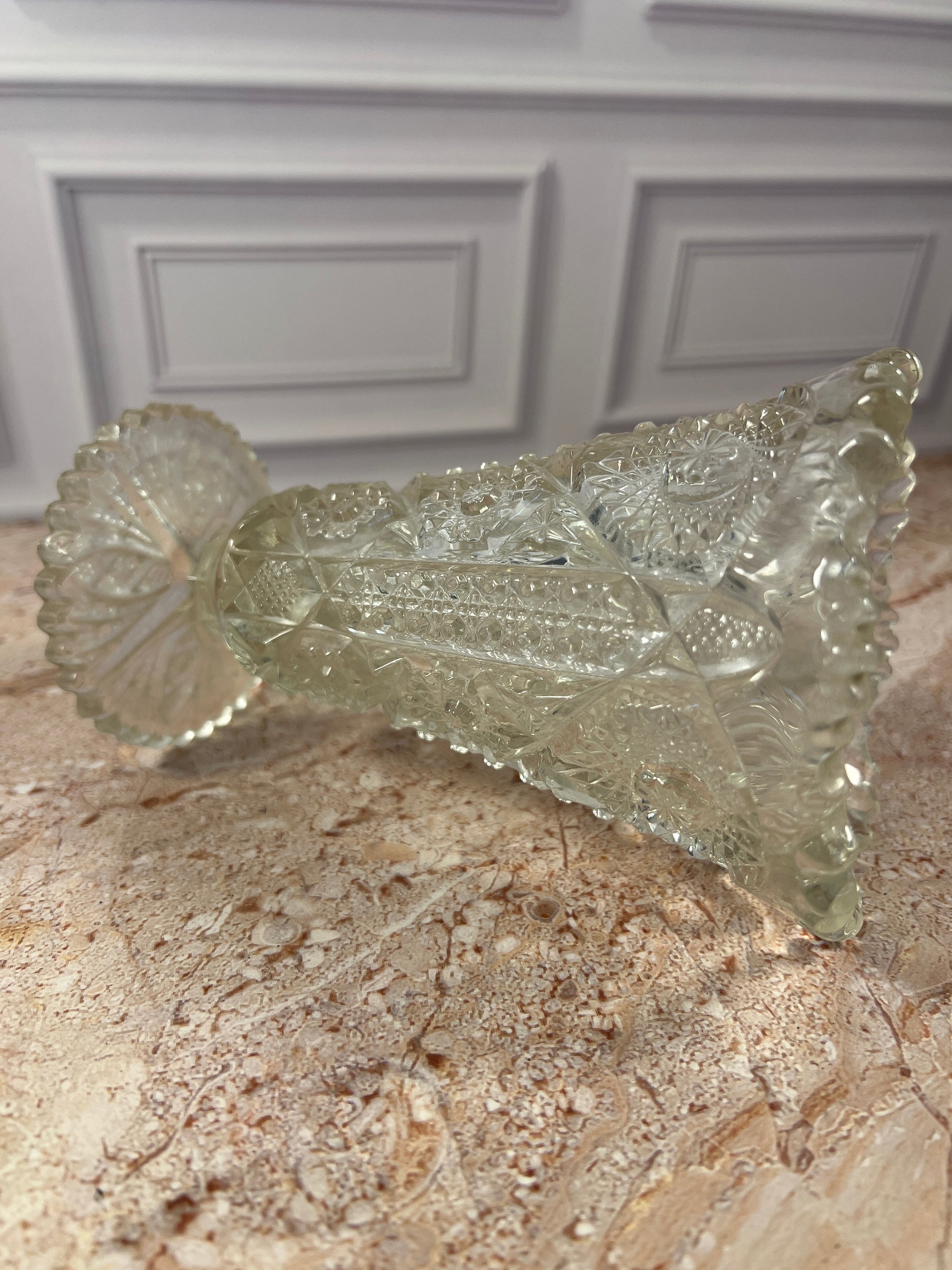 Vintage Imperial Glass Daisy & Button Ruffled Footed Vase, Clear, 6.25 in photo 4