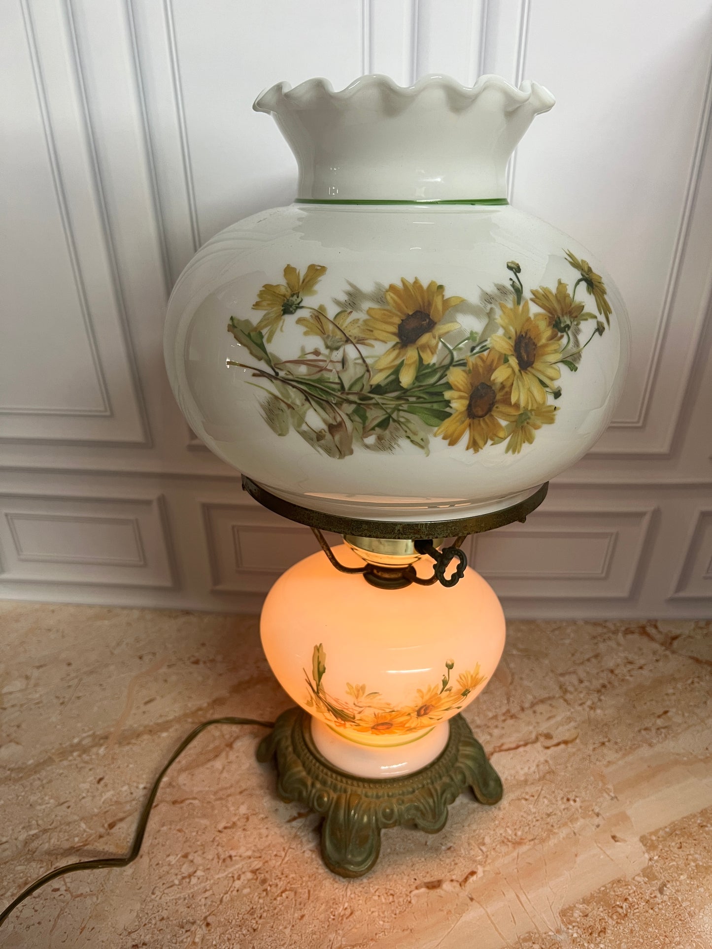 Vintage Electrified Hurricane Table Lamp Milk Glass Floral Shade photo 2
