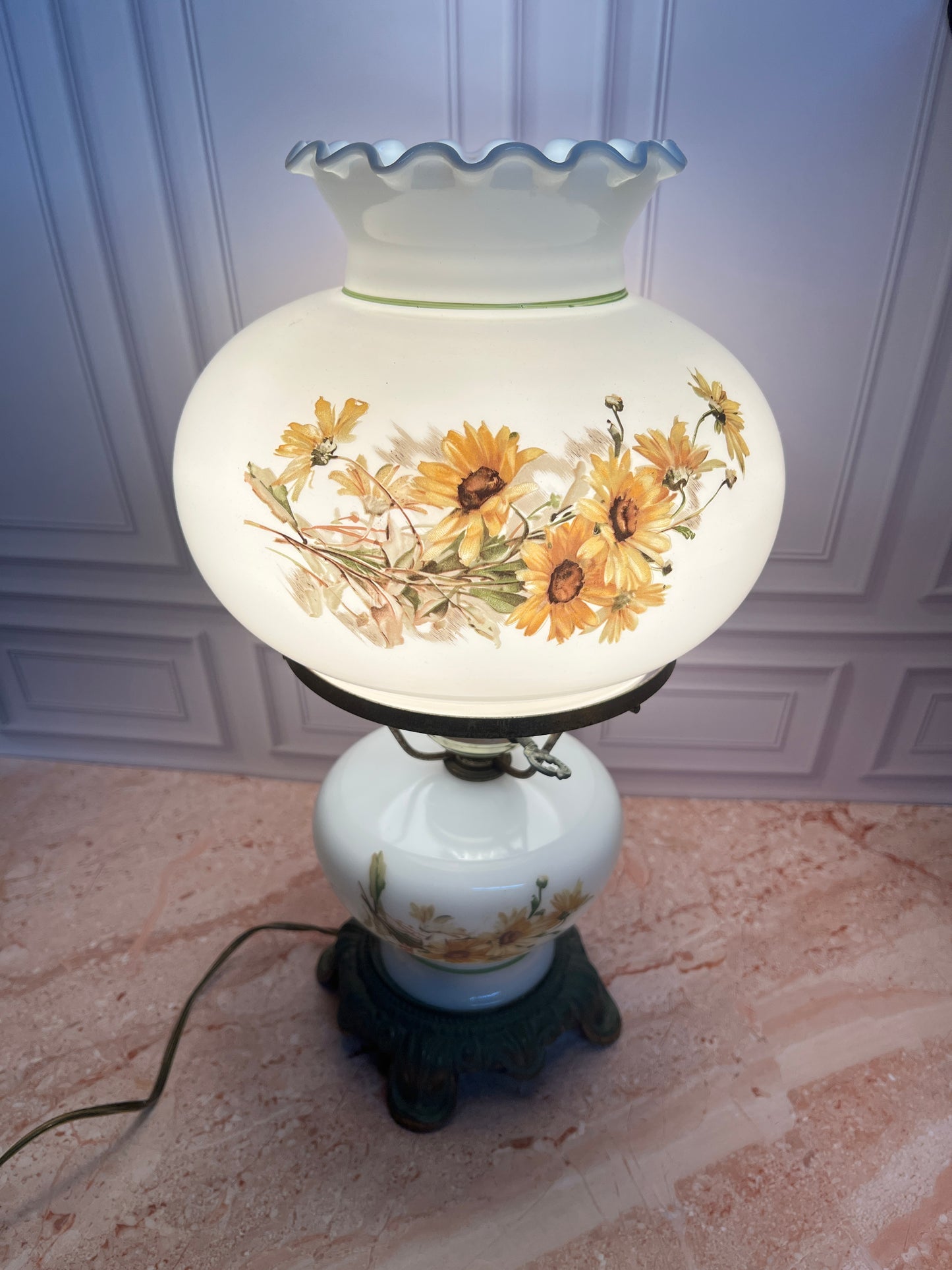 Vintage Electrified Hurricane Table Lamp Milk Glass Floral Shade photo 3