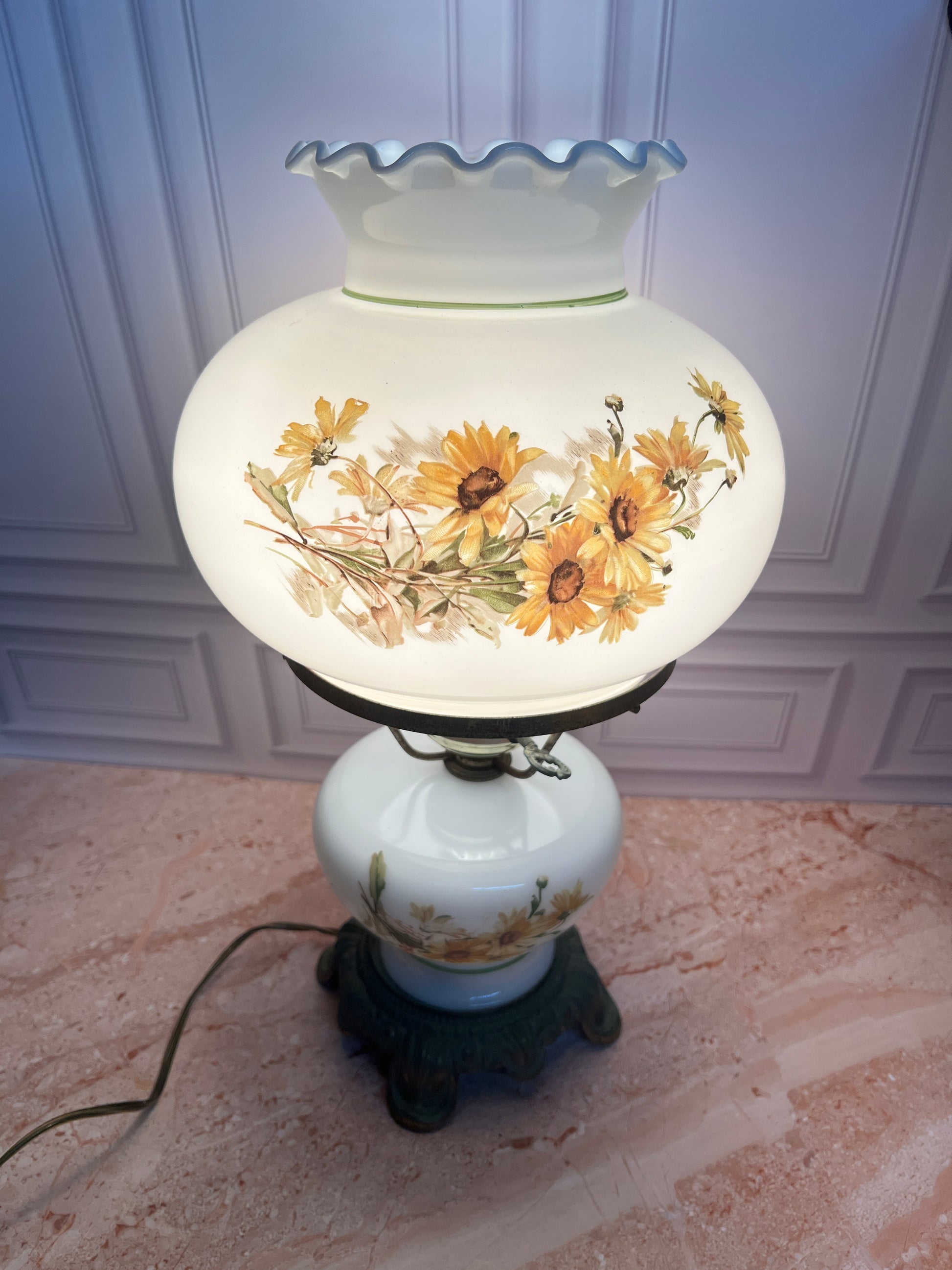 Vintage Electrified Hurricane Table Lamp Milk Glass Floral Shade photo 3