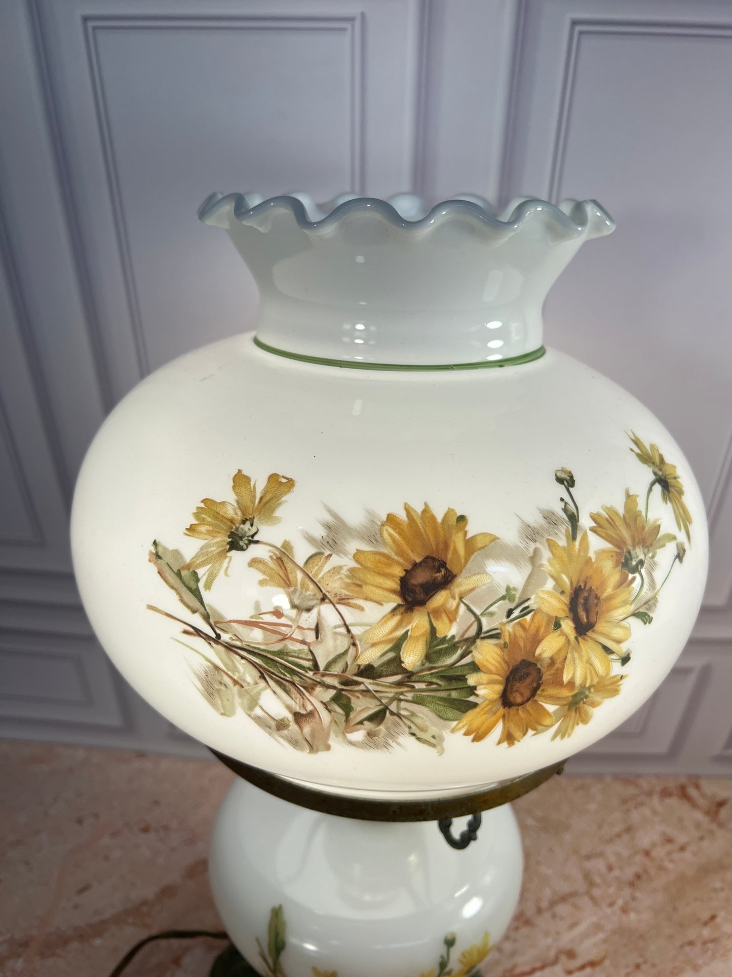 Vintage Electrified Hurricane Table Lamp Milk Glass Floral Shade photo 6