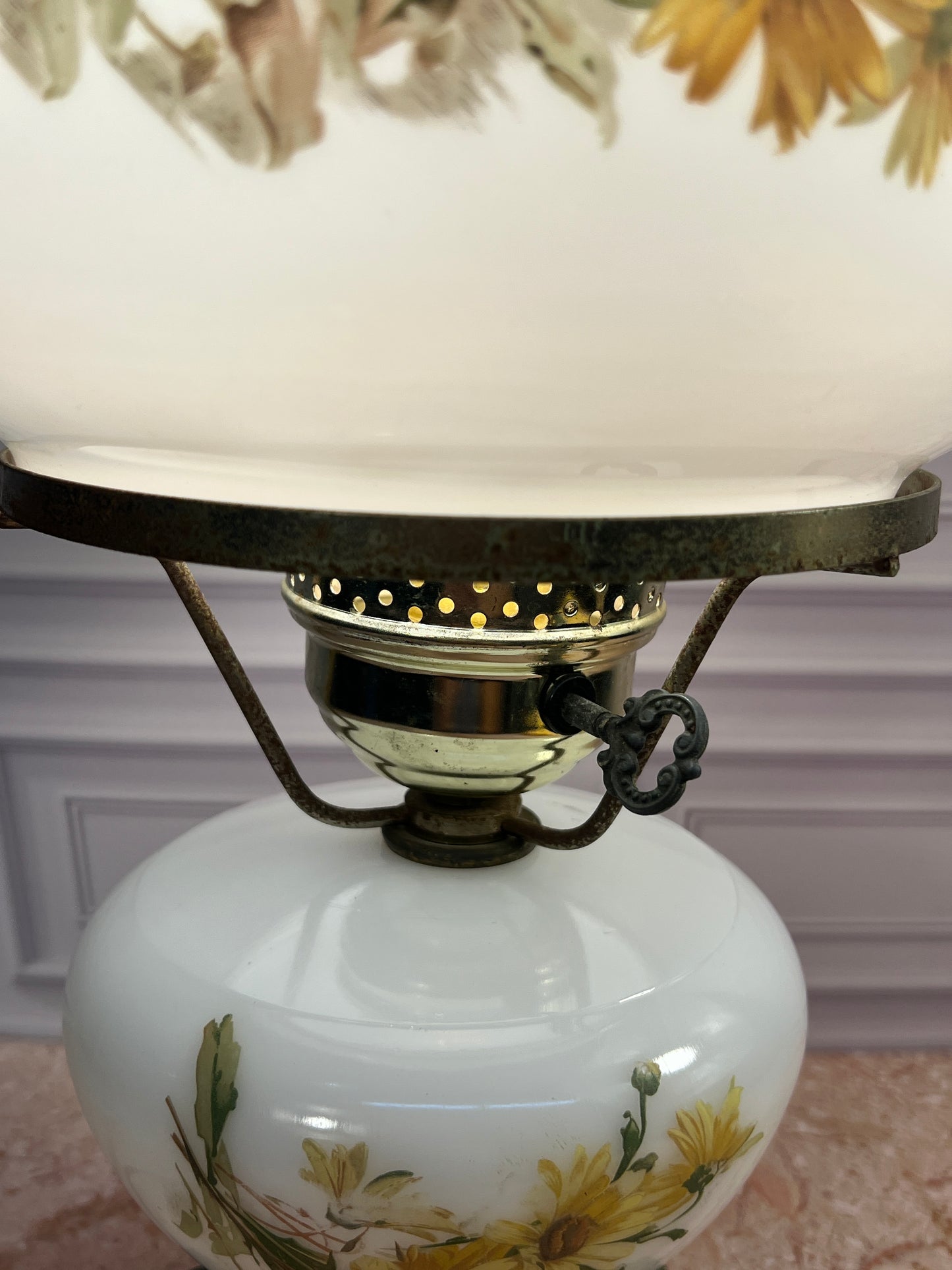Vintage Electrified Hurricane Table Lamp Milk Glass Floral Shade photo 8