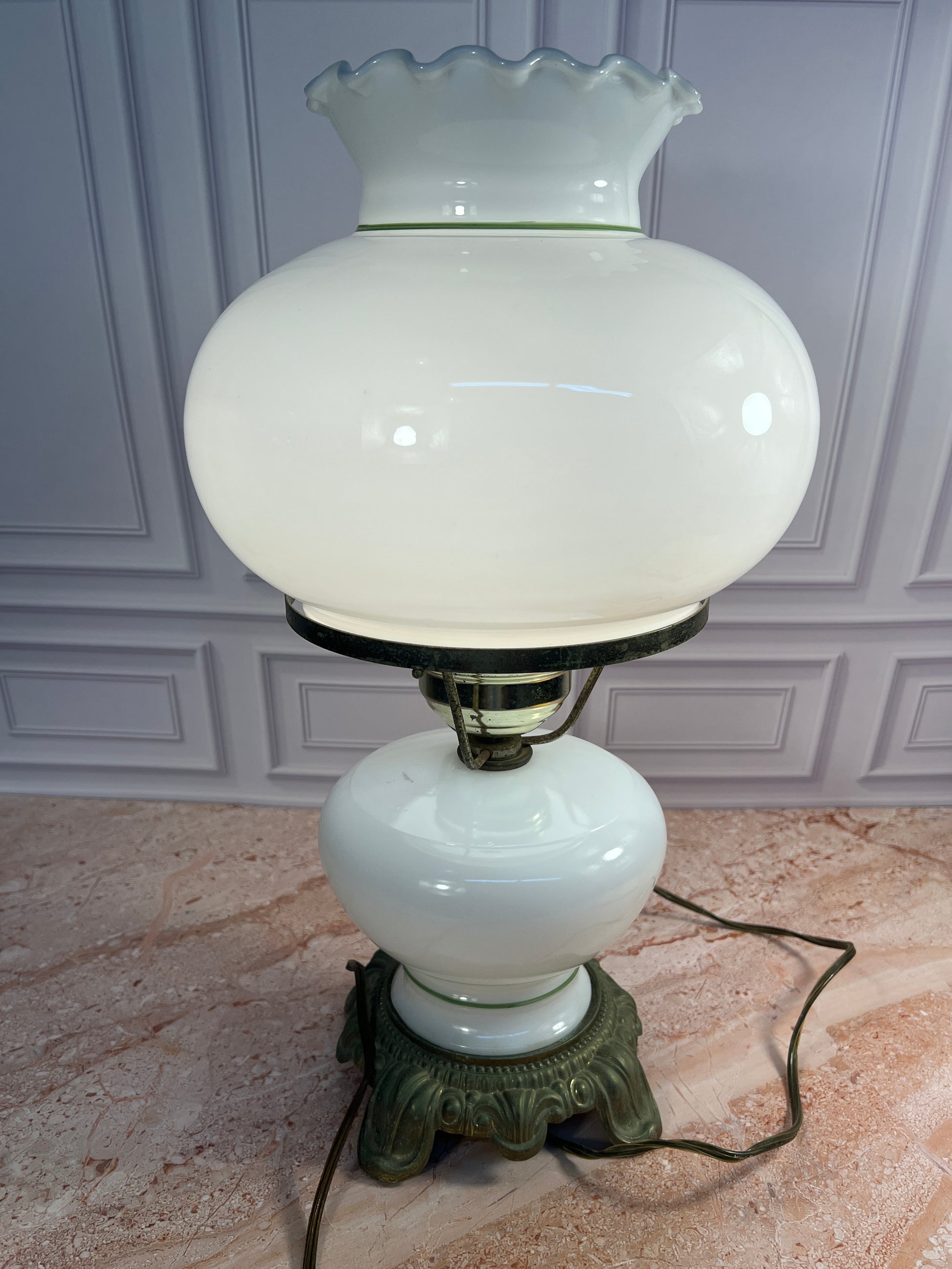 Vintage Electrified Hurricane Table Lamp Milk Glass Floral Shade photo 4