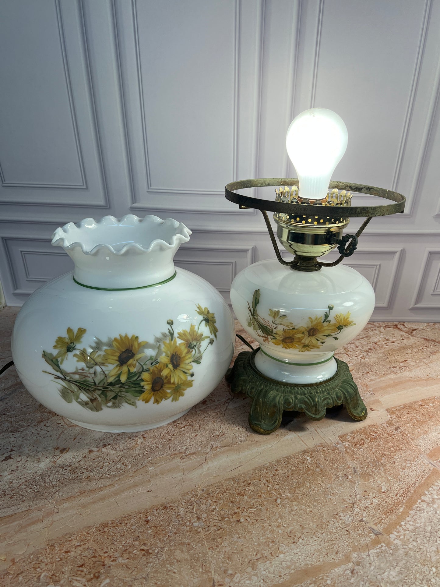 Vintage Electrified Hurricane Table Lamp Milk Glass Floral Shade photo 5