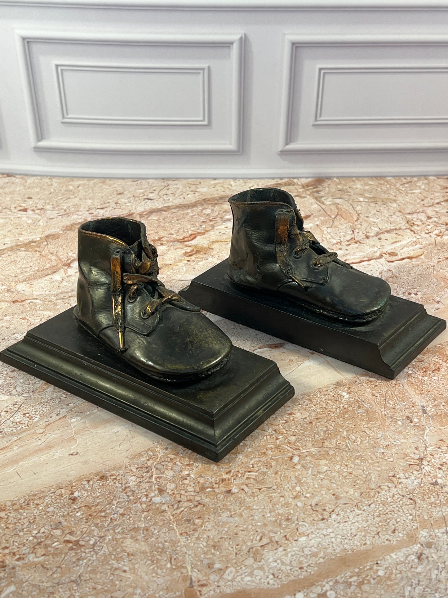 Vintage Baby Shoe Bookends Pair Dark Metal Leather Boots photo 2
