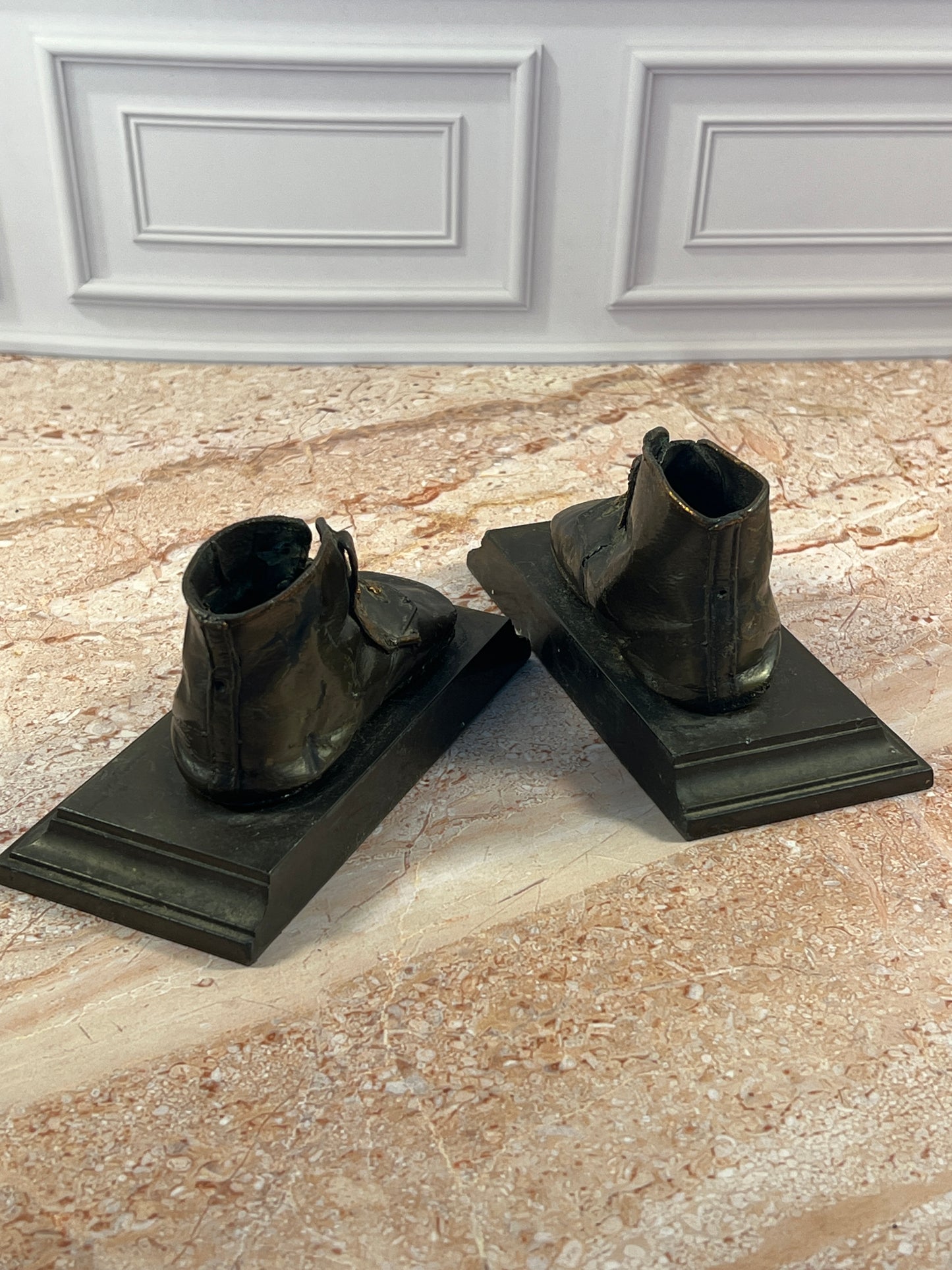Vintage Baby Shoe Bookends Pair Dark Metal Leather Boots photo 3