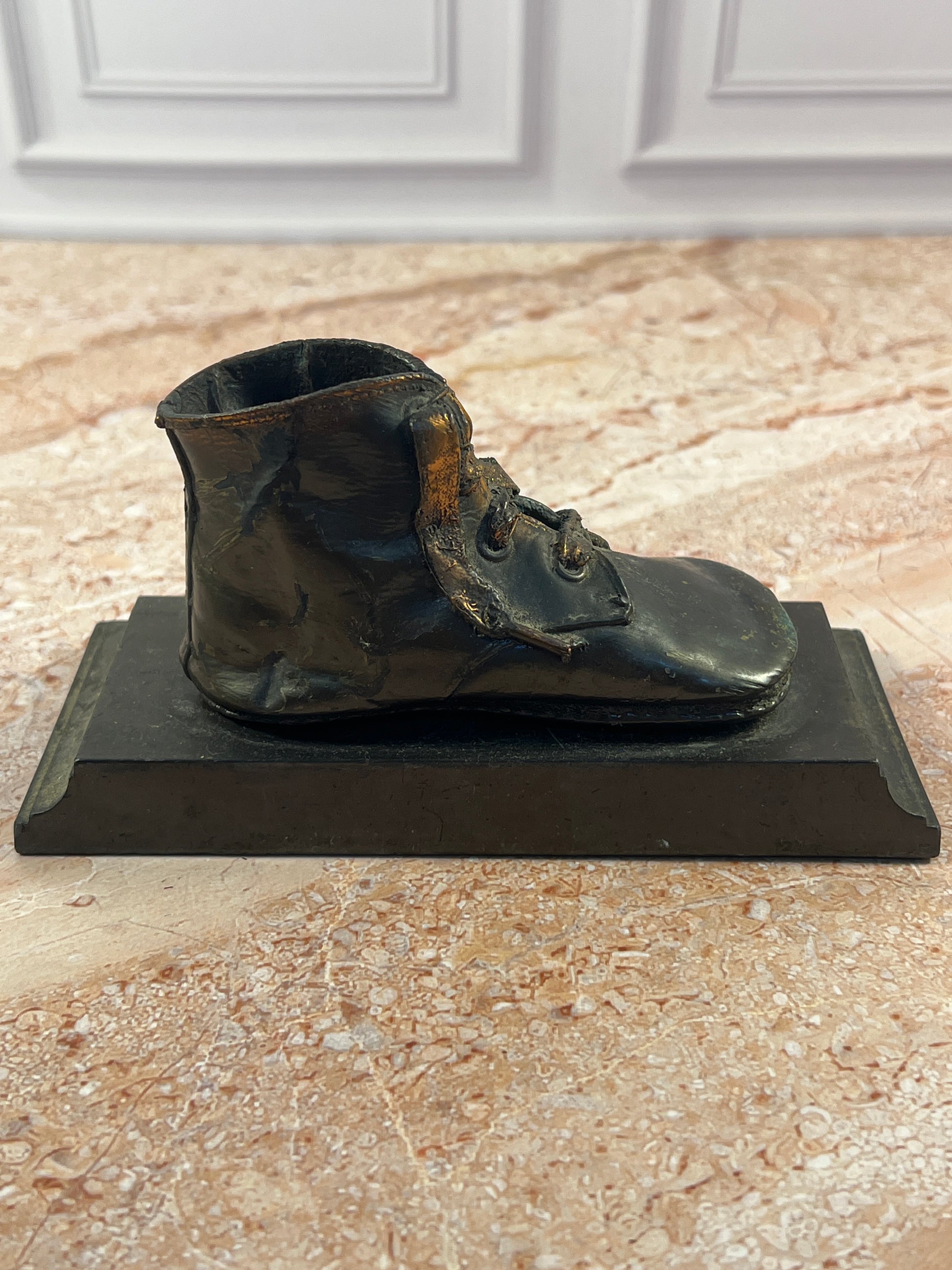 Vintage Baby Shoe Bookends Pair Dark Metal Leather Boots photo 4