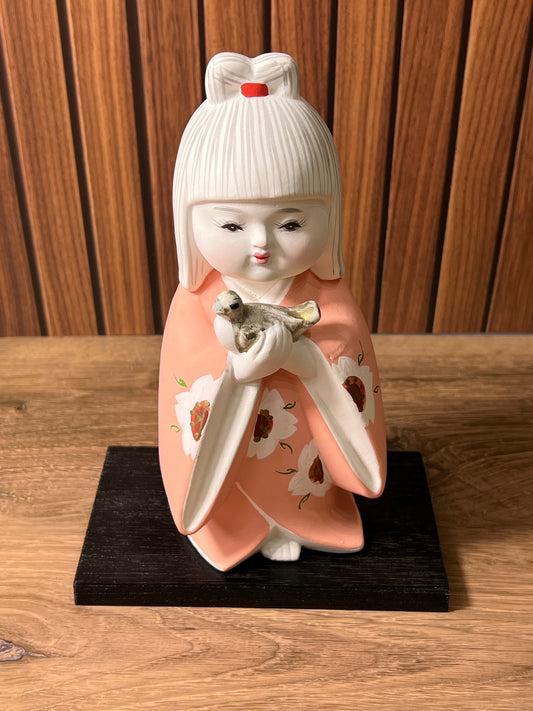 Japanese Girl Holding Bird Ceramic Figurine Pink Kimono photo 1