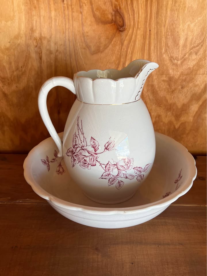 Vintage California Pottery Burgundy Floral Wash Basin & Pitcher Set photo 1