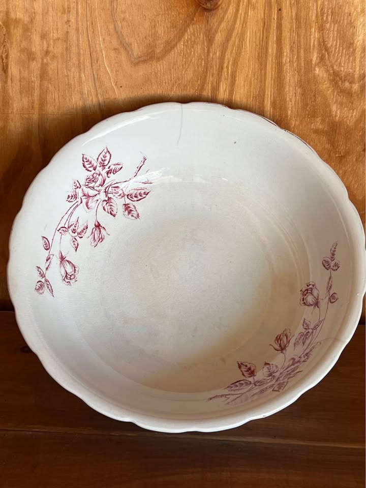 Vintage California Pottery Burgundy Floral Wash Basin & Pitcher Set photo 2