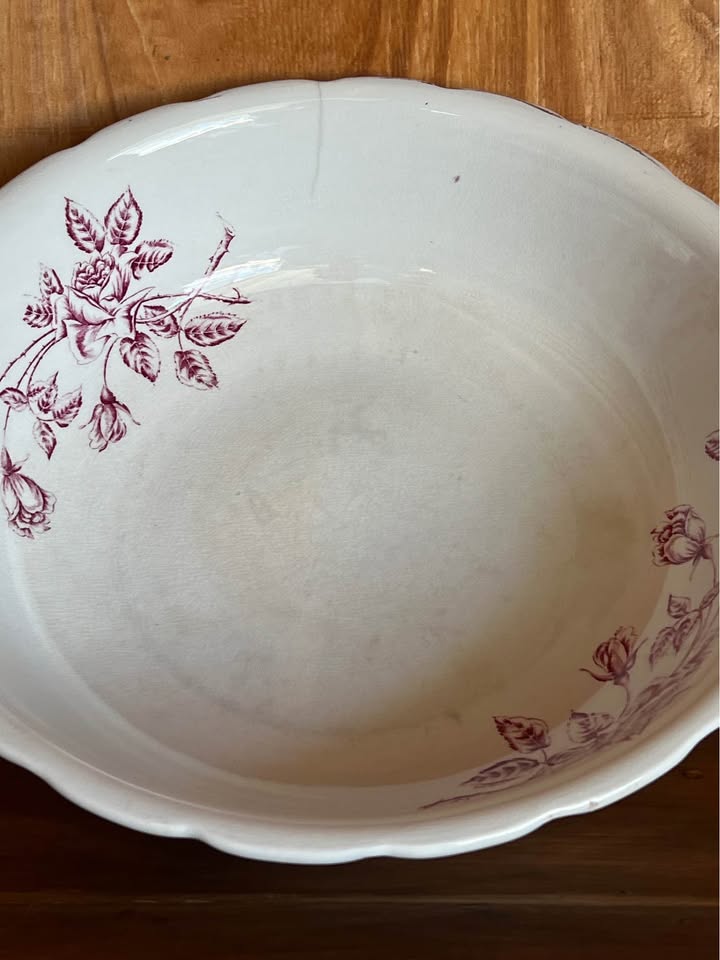 Vintage California Pottery Burgundy Floral Wash Basin & Pitcher Set photo 3