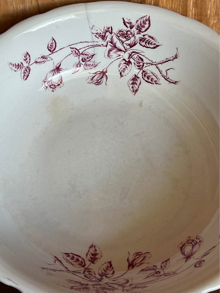 Vintage California Pottery Burgundy Floral Wash Basin & Pitcher Set photo 4