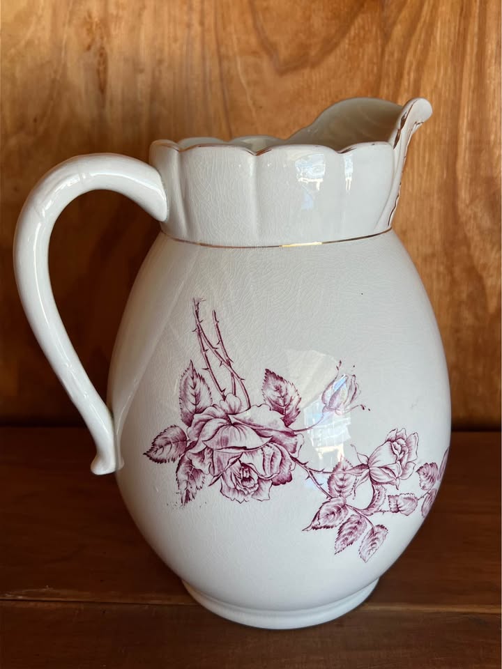 Vintage California Pottery Burgundy Floral Wash Basin & Pitcher Set photo 5