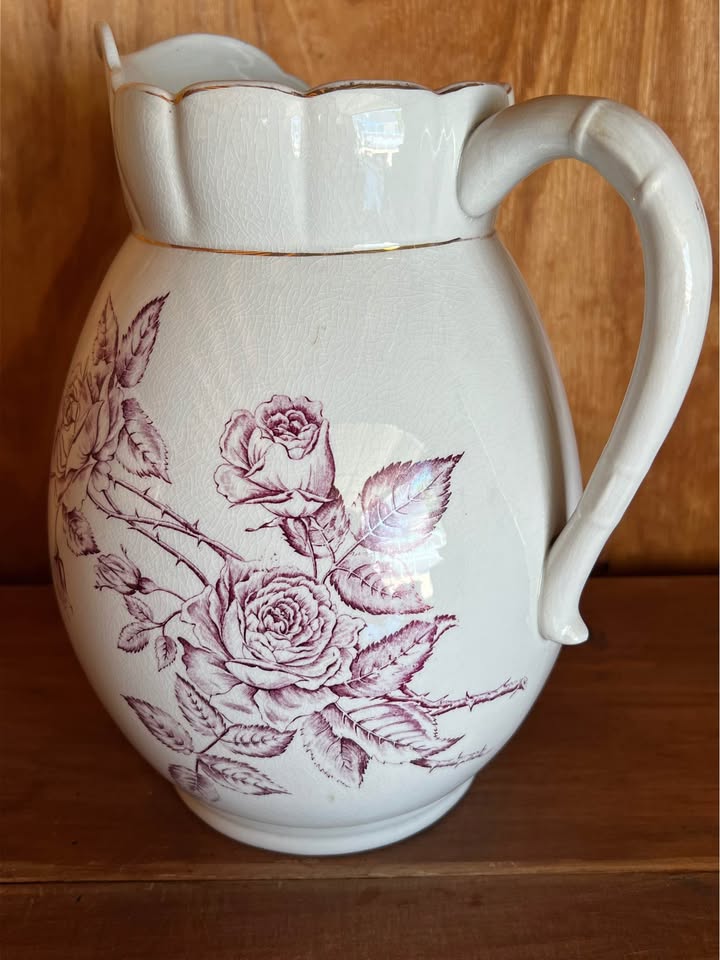 Vintage California Pottery Burgundy Floral Wash Basin & Pitcher Set photo 7