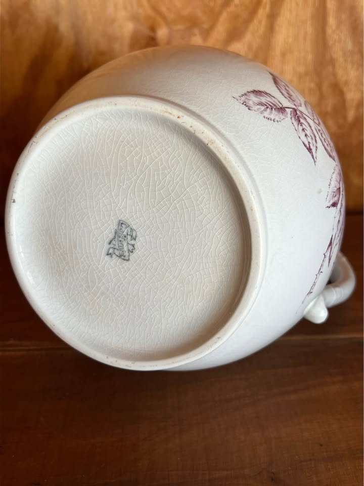 Vintage California Pottery Burgundy Floral Wash Basin & Pitcher Set photo 9