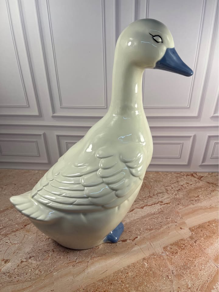 Vintage Ceramic Standing Goose Figurine Cream Blue 15.5 in photo 1
