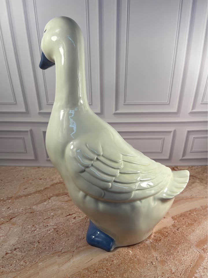Vintage Ceramic Standing Goose Figurine Cream Blue 15.5 in photo 2