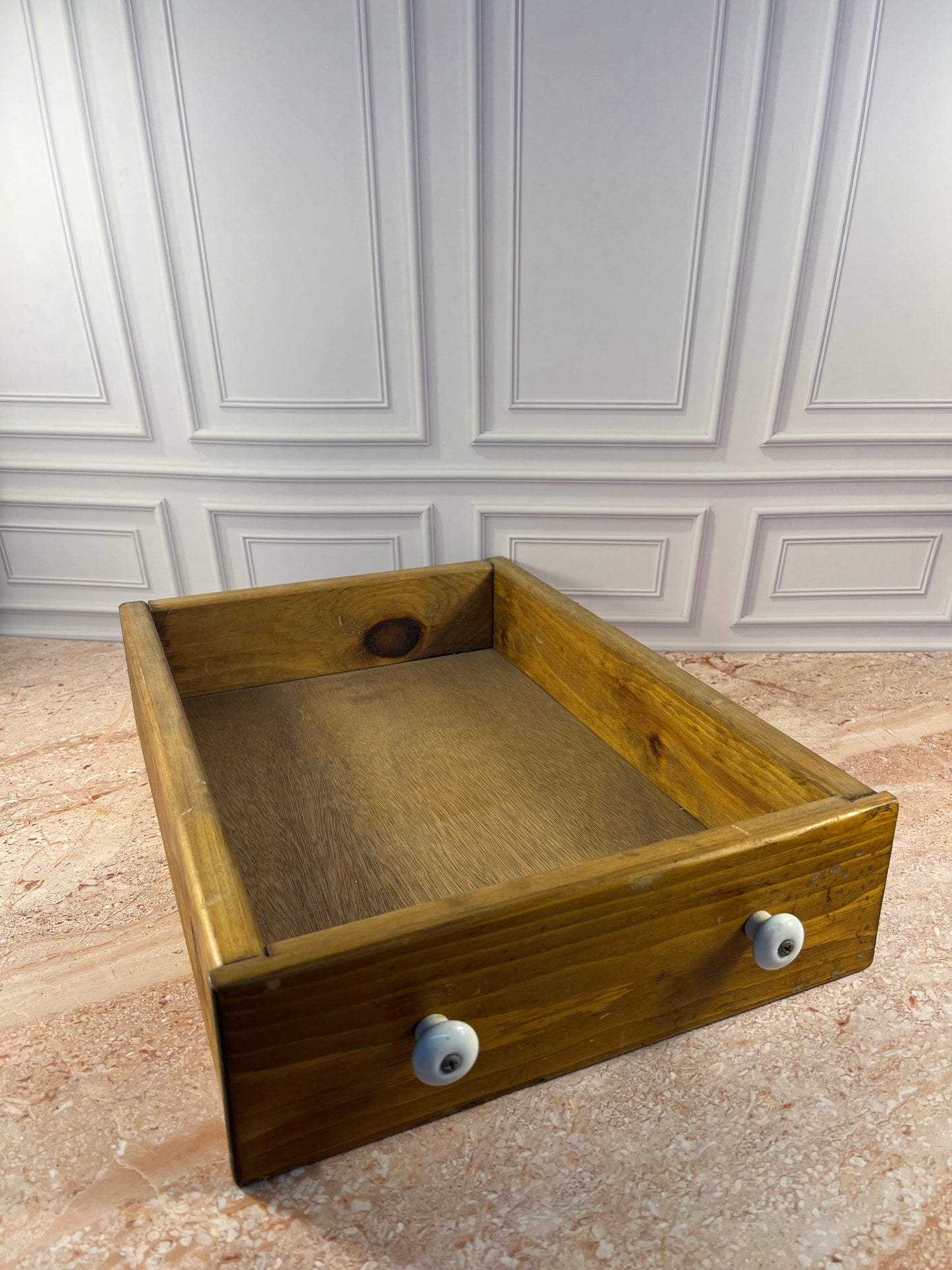 Vintage Wood Storage Drawer with White Ceramic Knobs photo 1
