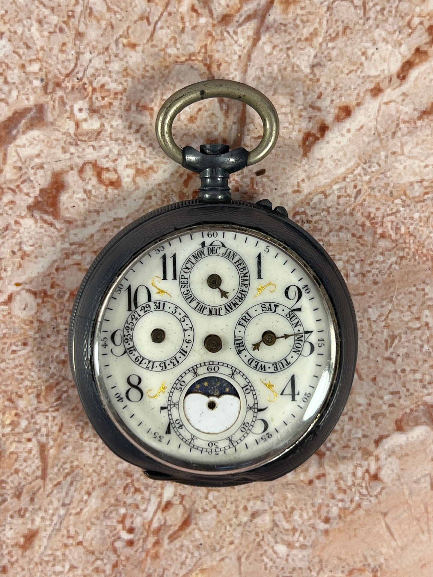 Antique Swiss Gunmetal &.935 Sterling Triple Calendar Moonphase Pocket Watch Parts photo 1