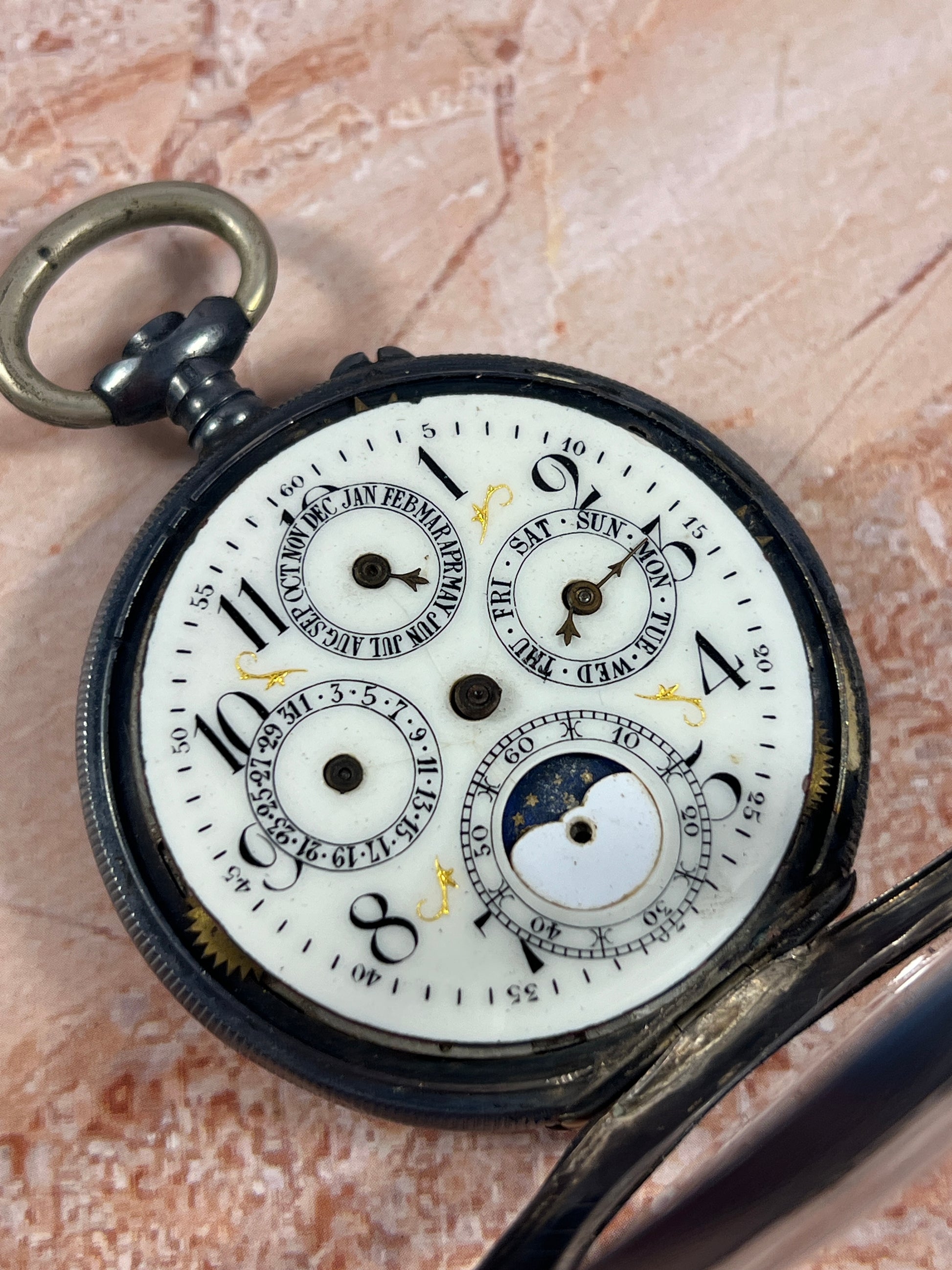 Antique Swiss Gunmetal &.935 Sterling Triple Calendar Moonphase Pocket Watch Parts photo 2