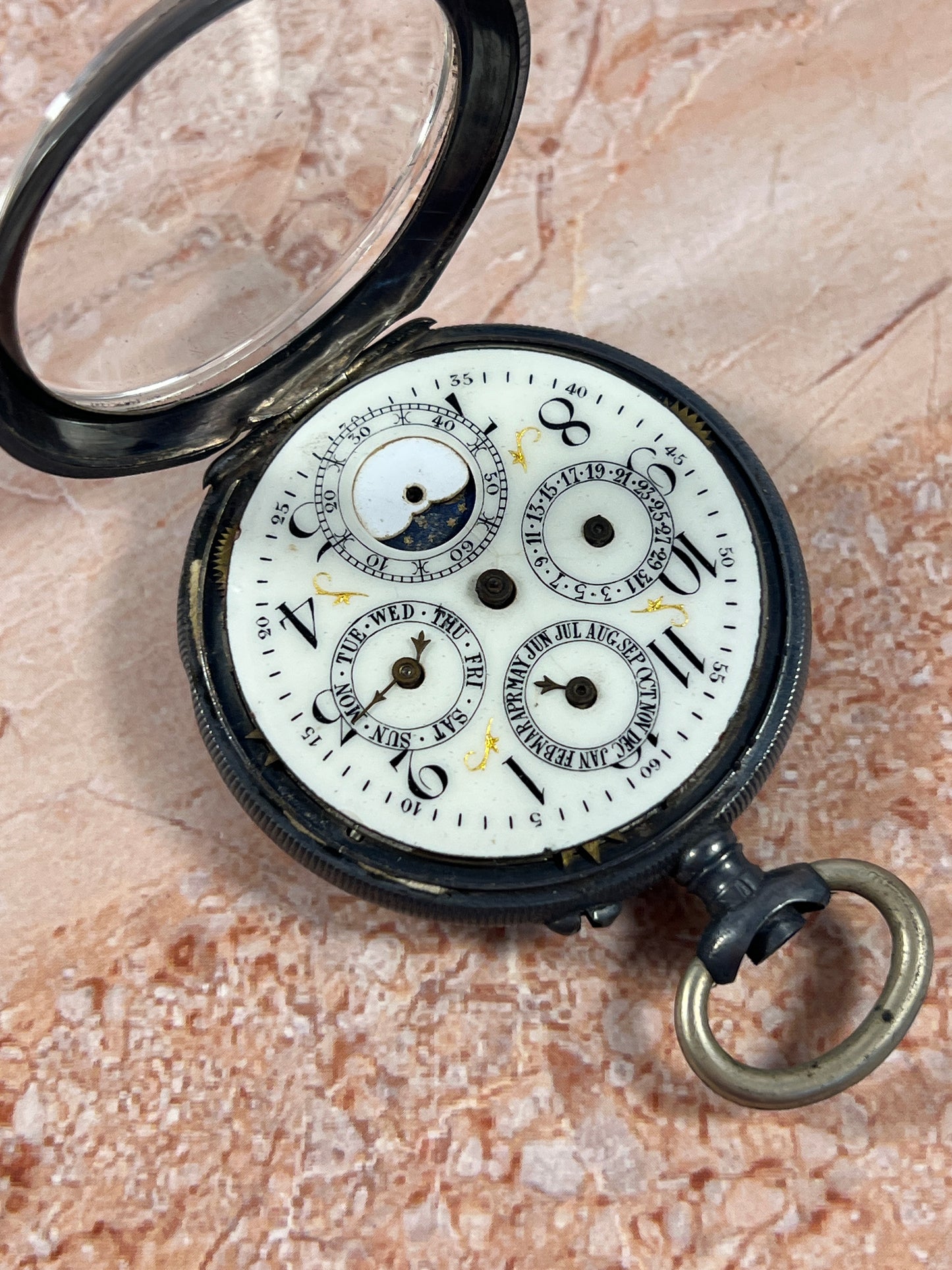 Antique Swiss Gunmetal &.935 Sterling Triple Calendar Moonphase Pocket Watch Parts photo 3