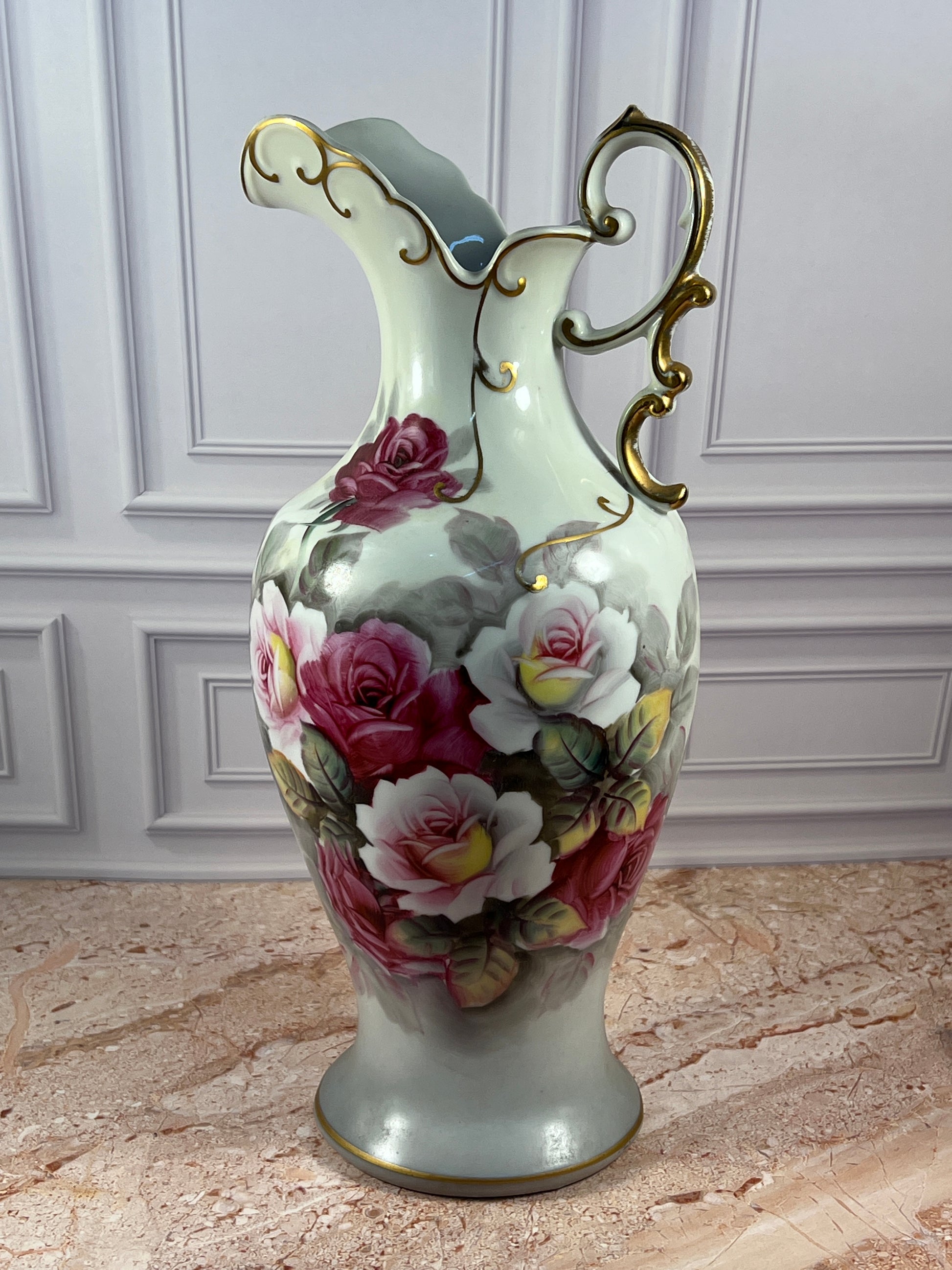 Hand-Painted Porcelain Rose Ewer with Gilt Handle, 14 in photo 1