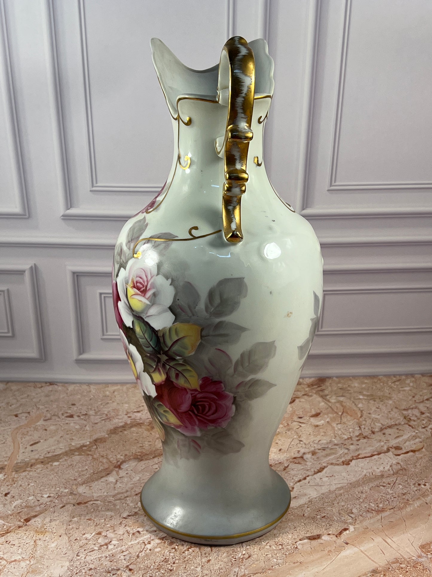 Hand-Painted Porcelain Rose Ewer with Gilt Handle, 14 in photo 3