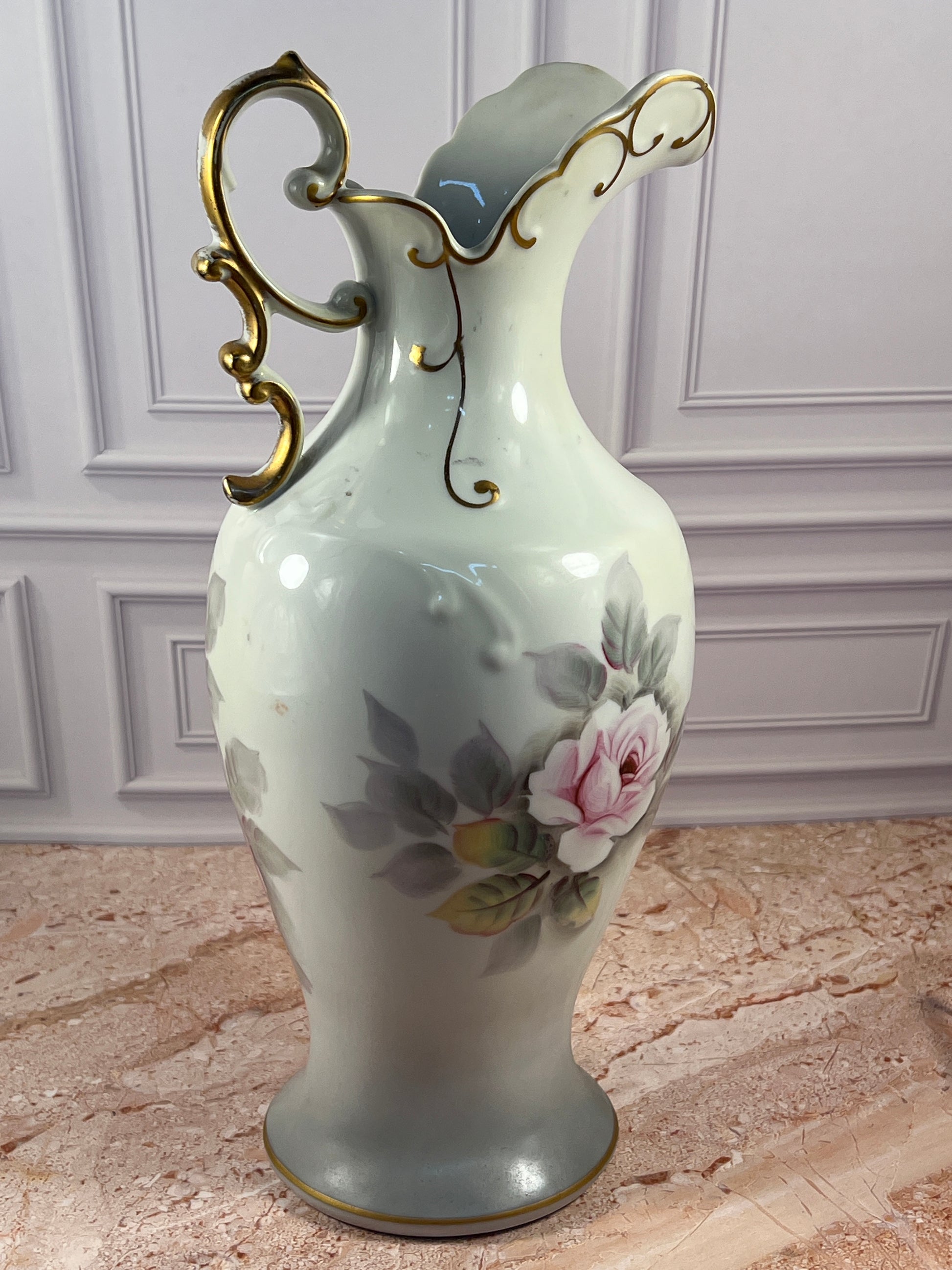 Hand-Painted Porcelain Rose Ewer with Gilt Handle, 14 in photo 2