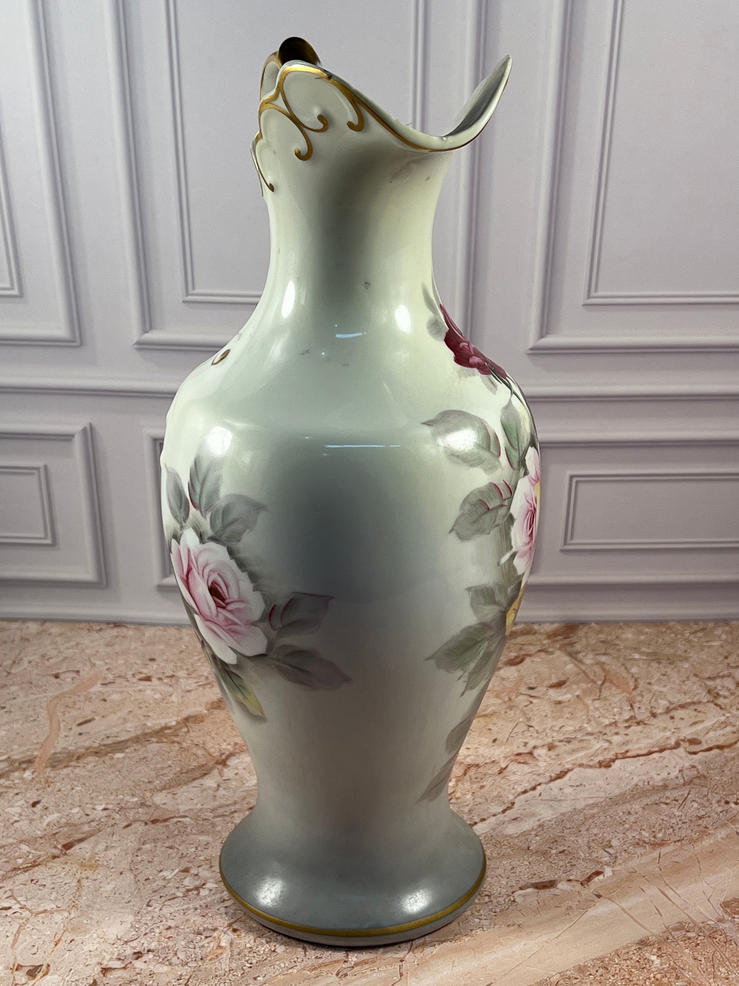 Hand-Painted Porcelain Rose Ewer with Gilt Handle, 14 in photo 4