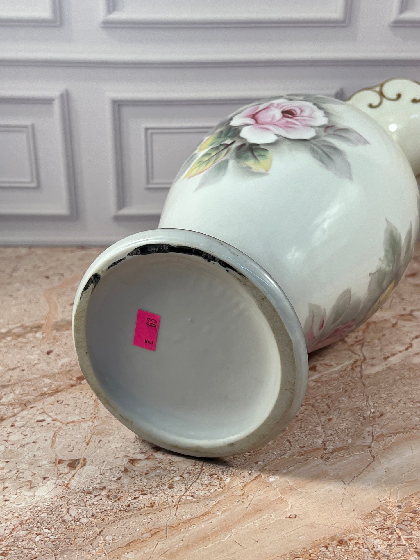 Hand-Painted Porcelain Rose Ewer with Gilt Handle, 14 in photo 6