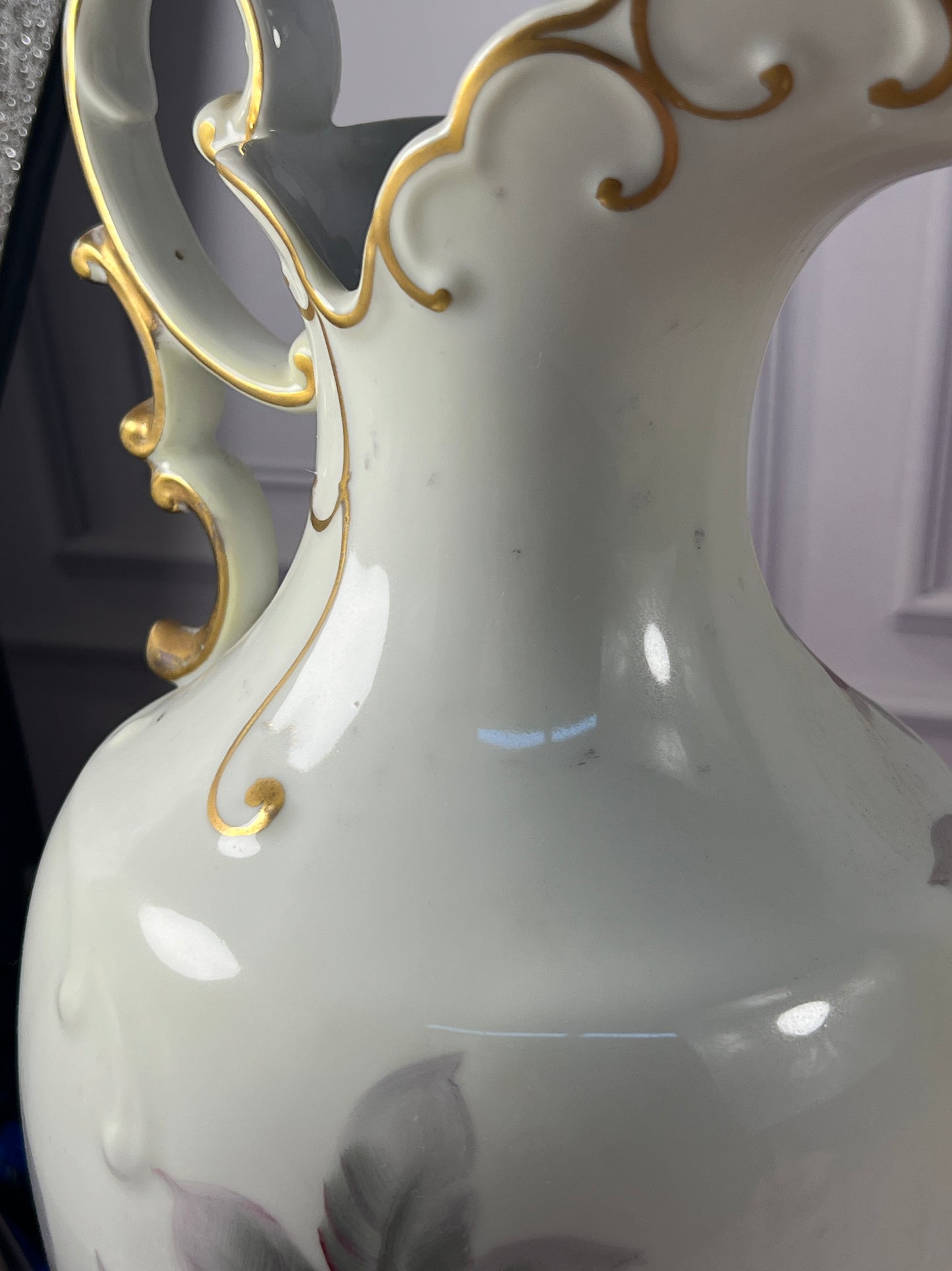 Hand-Painted Porcelain Rose Ewer with Gilt Handle, 14 in photo 8