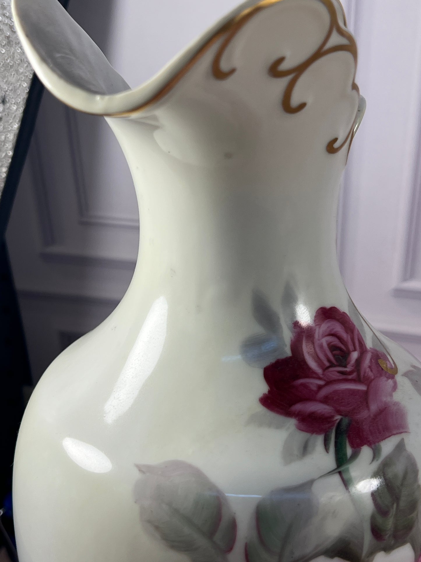 Hand-Painted Porcelain Rose Ewer with Gilt Handle, 14 in photo 7