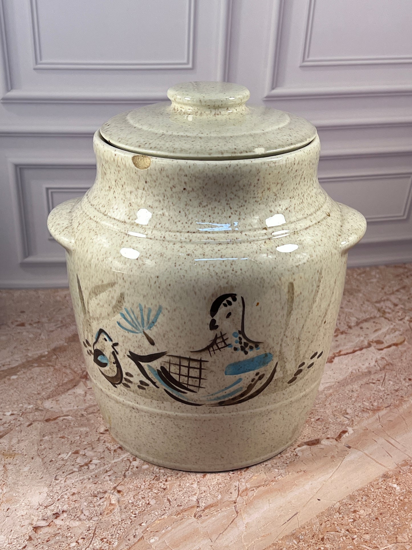Vintage Speckled Stoneware Cookie Jar with Folk Art Bird Motif photo 1