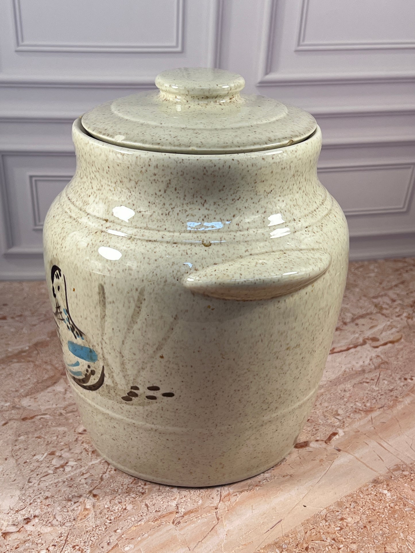 Vintage Speckled Stoneware Cookie Jar with Folk Art Bird Motif photo 2