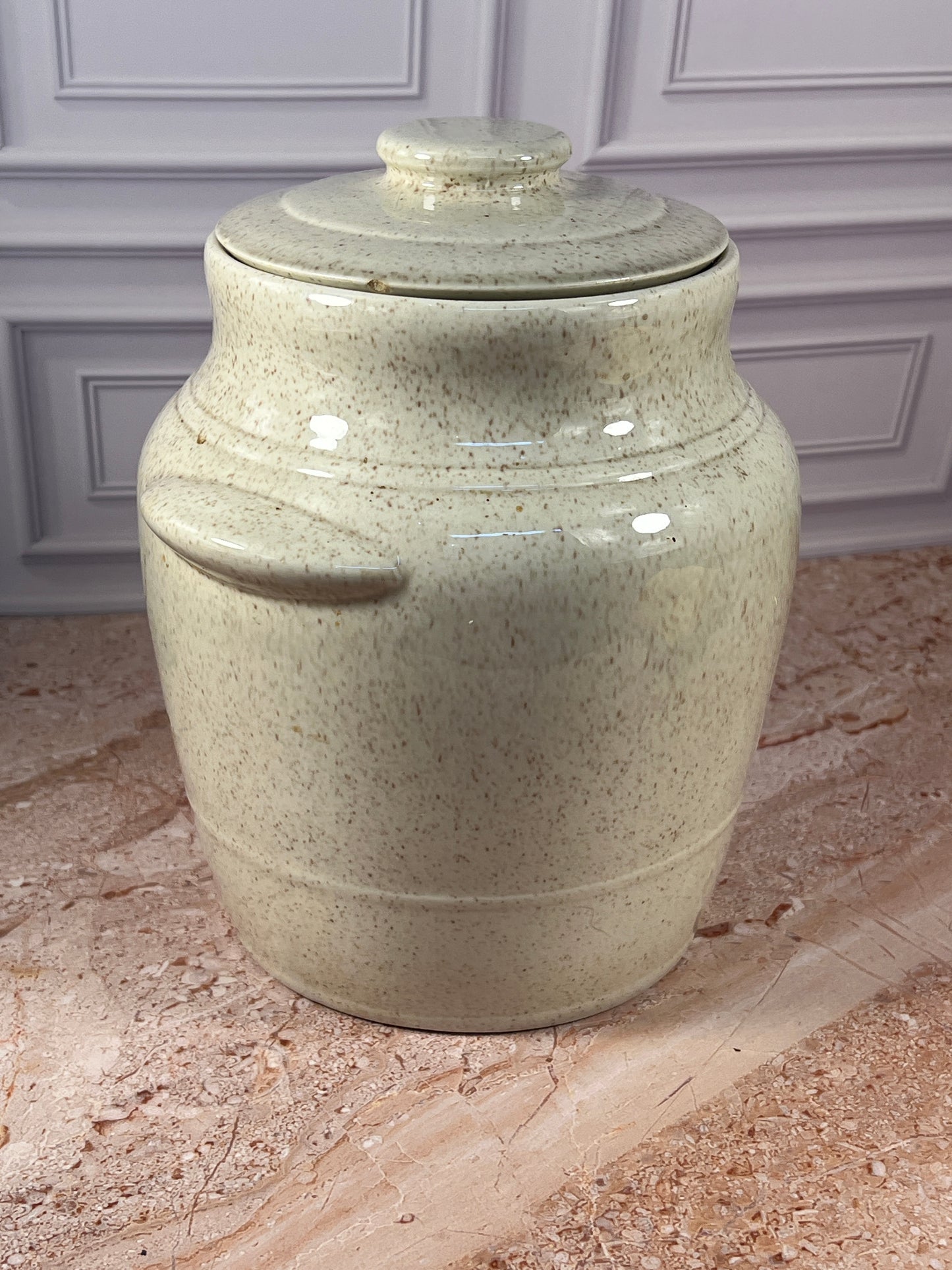 Vintage Speckled Stoneware Cookie Jar with Folk Art Bird Motif photo 3