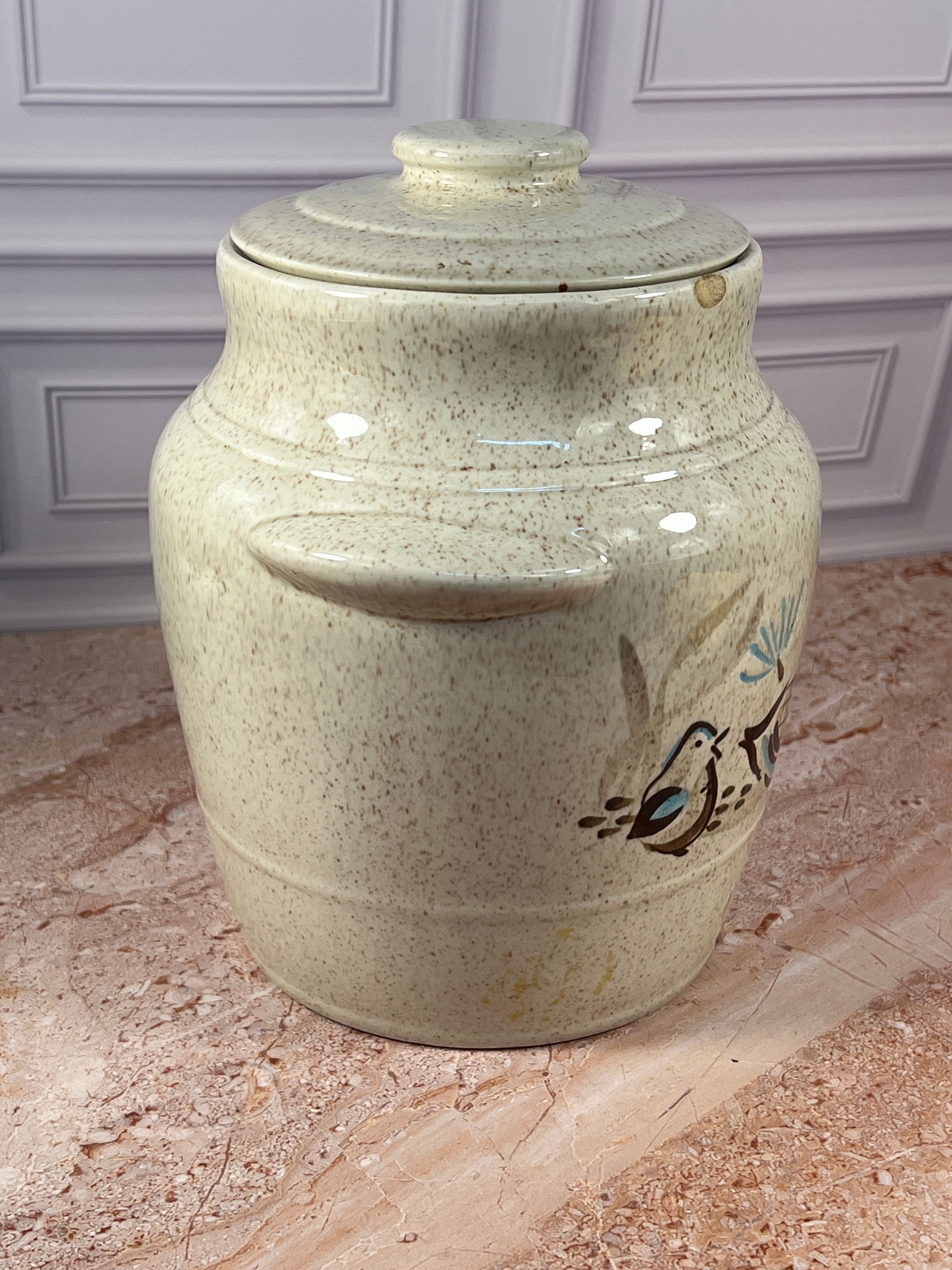 Vintage Speckled Stoneware Cookie Jar with Folk Art Bird Motif photo 5