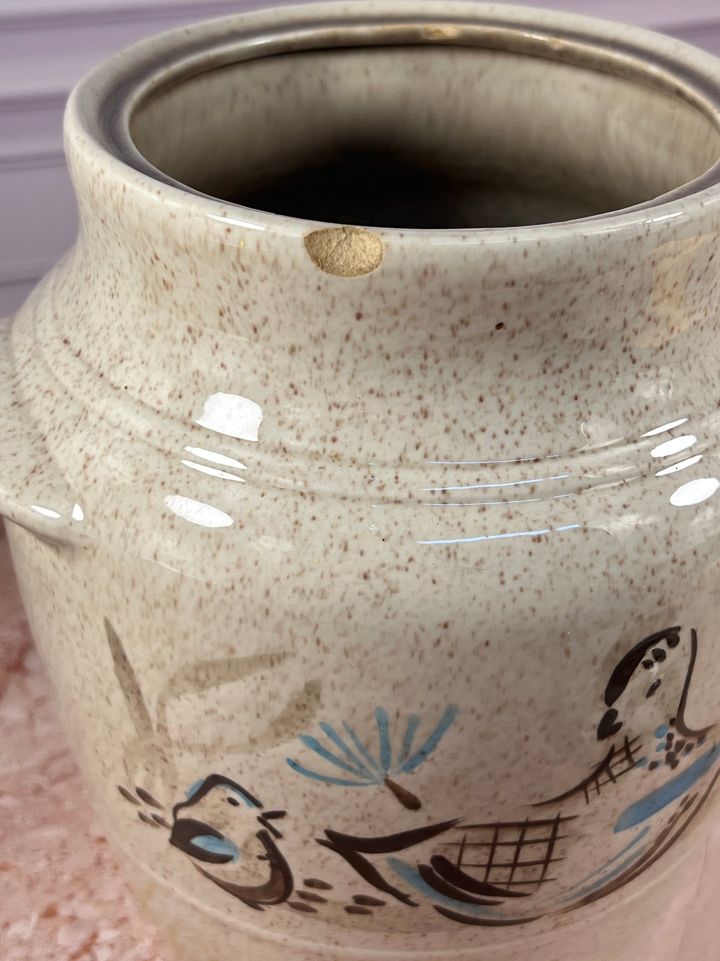Vintage Speckled Stoneware Cookie Jar with Folk Art Bird Motif photo 6