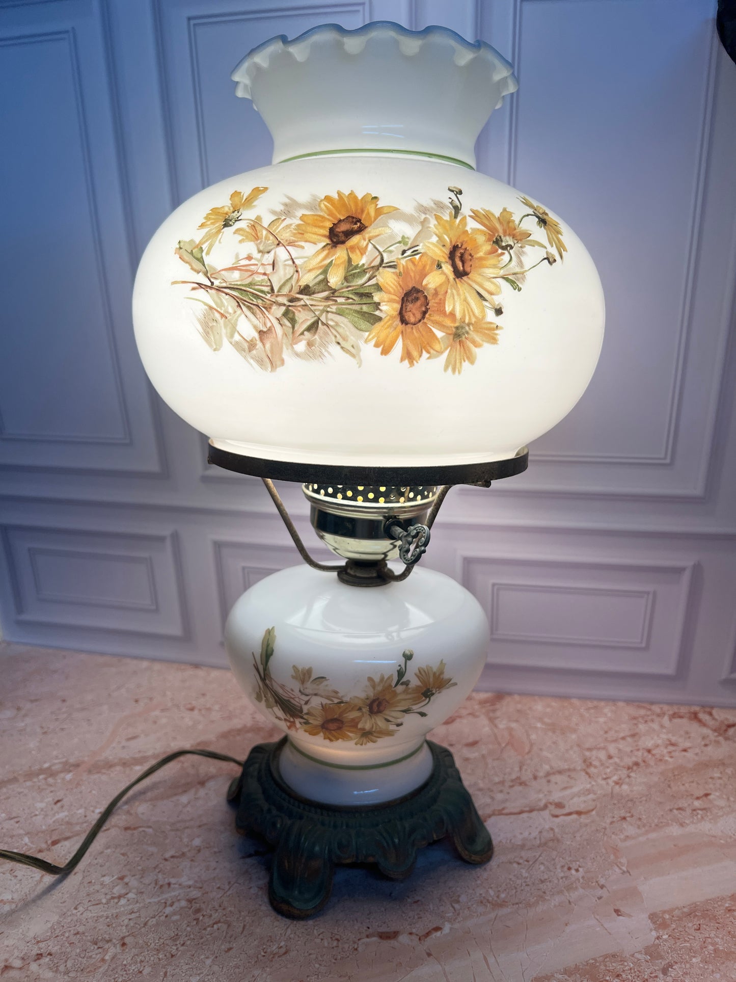 Vintage Electrified Hurricane Table Lamp Milk Glass Floral Shade photo 1