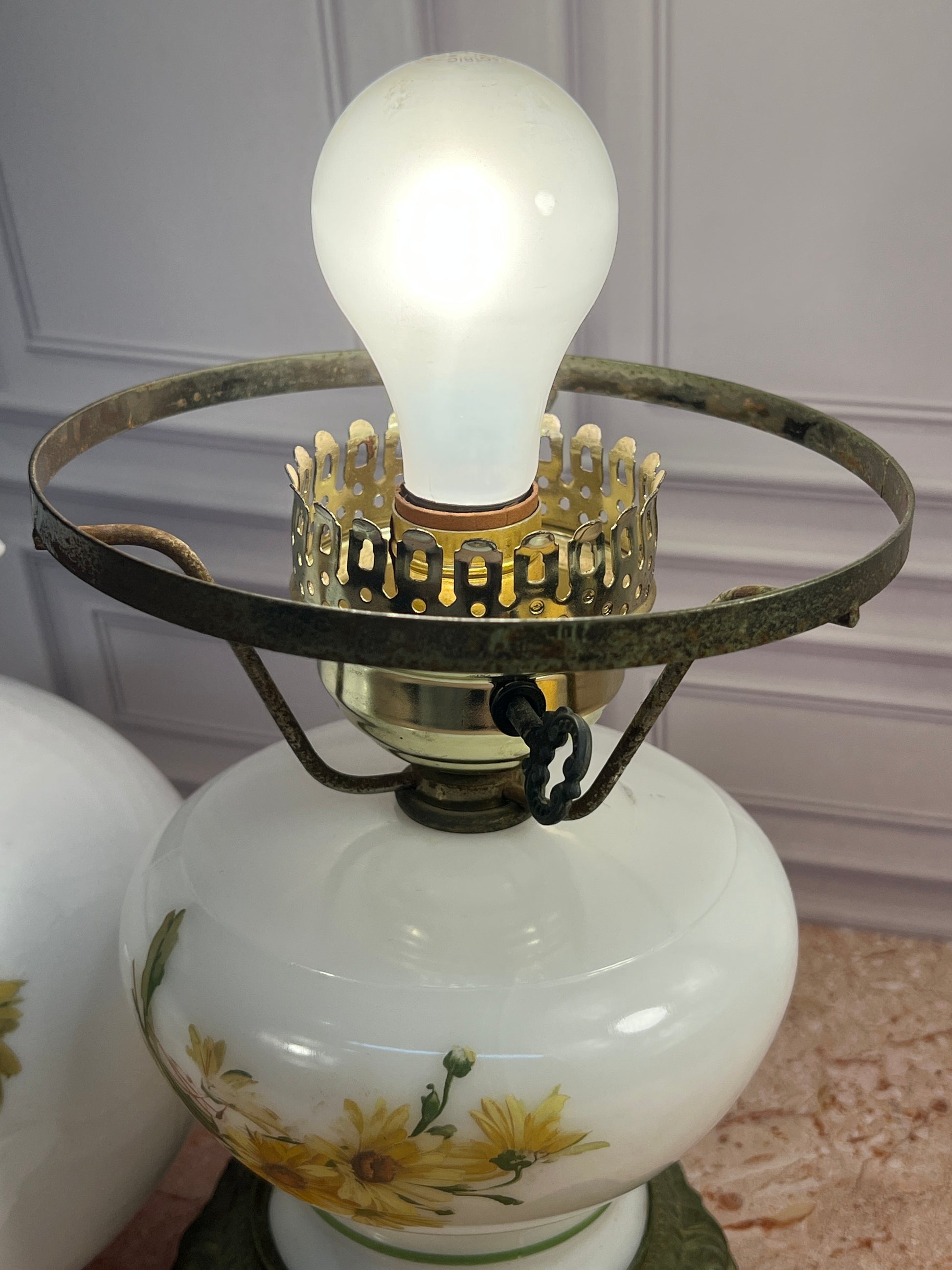 Vintage Electrified Hurricane Table Lamp Milk Glass Floral Shade photo 7